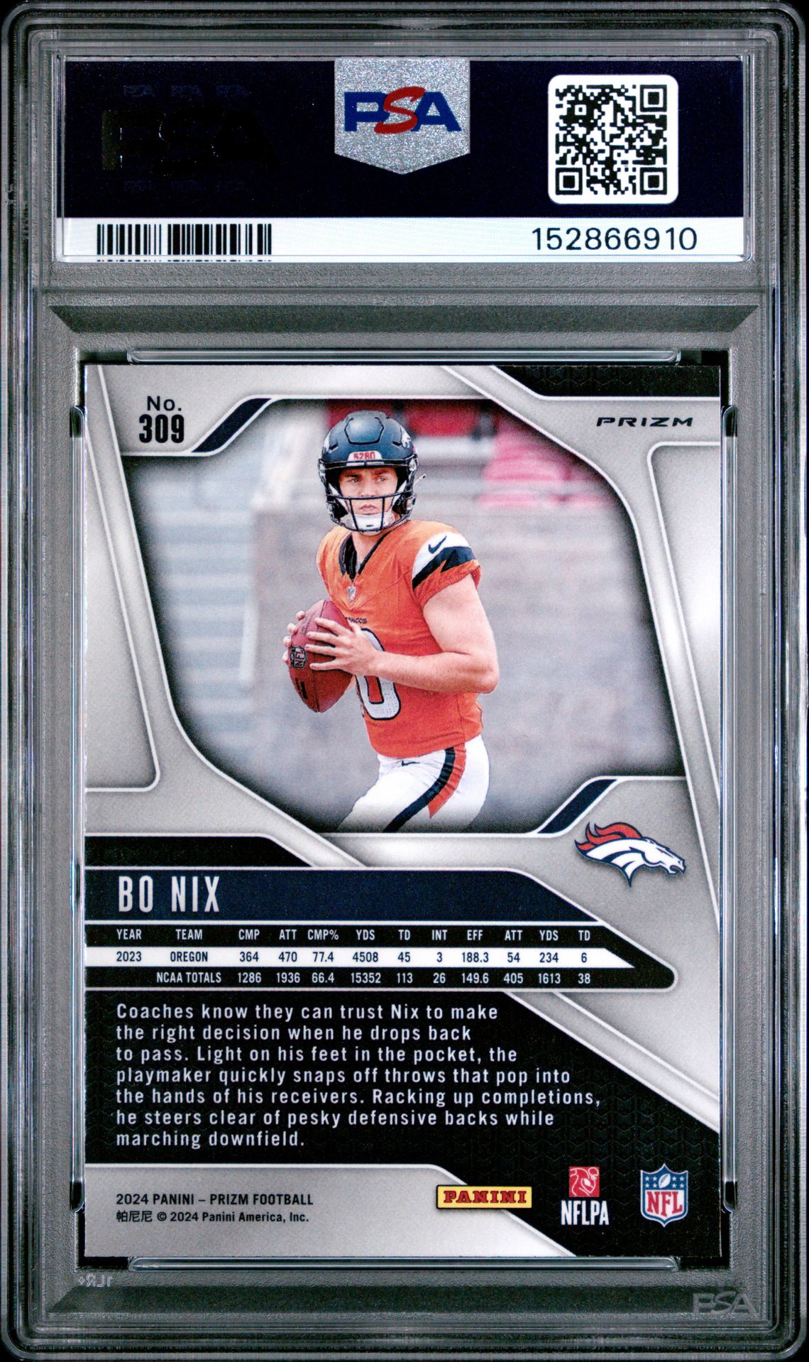 2024 Panini Prizm Bo Nix #309 (Silver Prizm) Mint 9 back