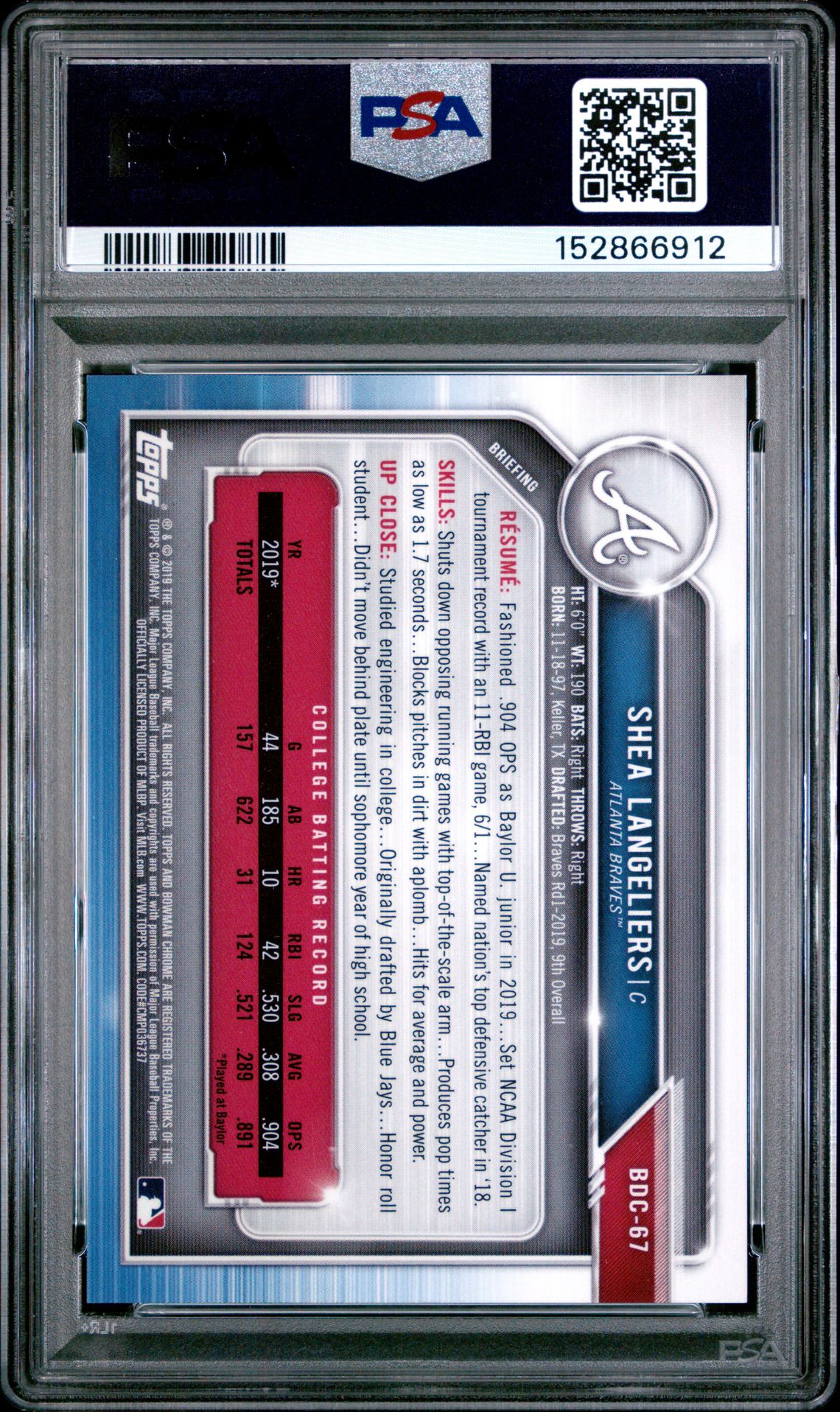 2019 Bowman Draft Shea Langeliers #Bdc67 (Chrome-Batting-Blue Ref.) Gem Mt 10 back