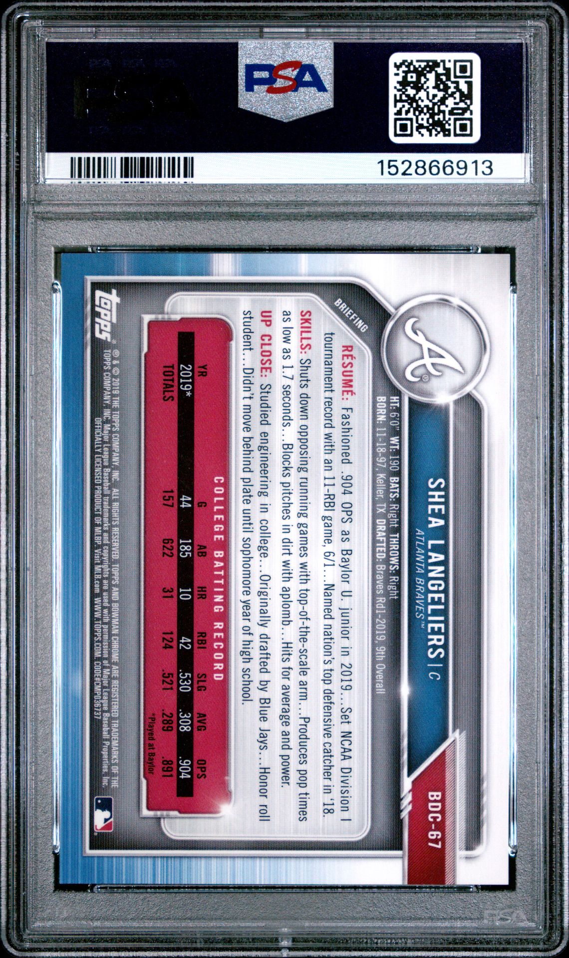 2019 Bowman Draft Shea Langeliers #Bdc67 (Chr.-Batting-Green Ref.) Gem Mt 10 back