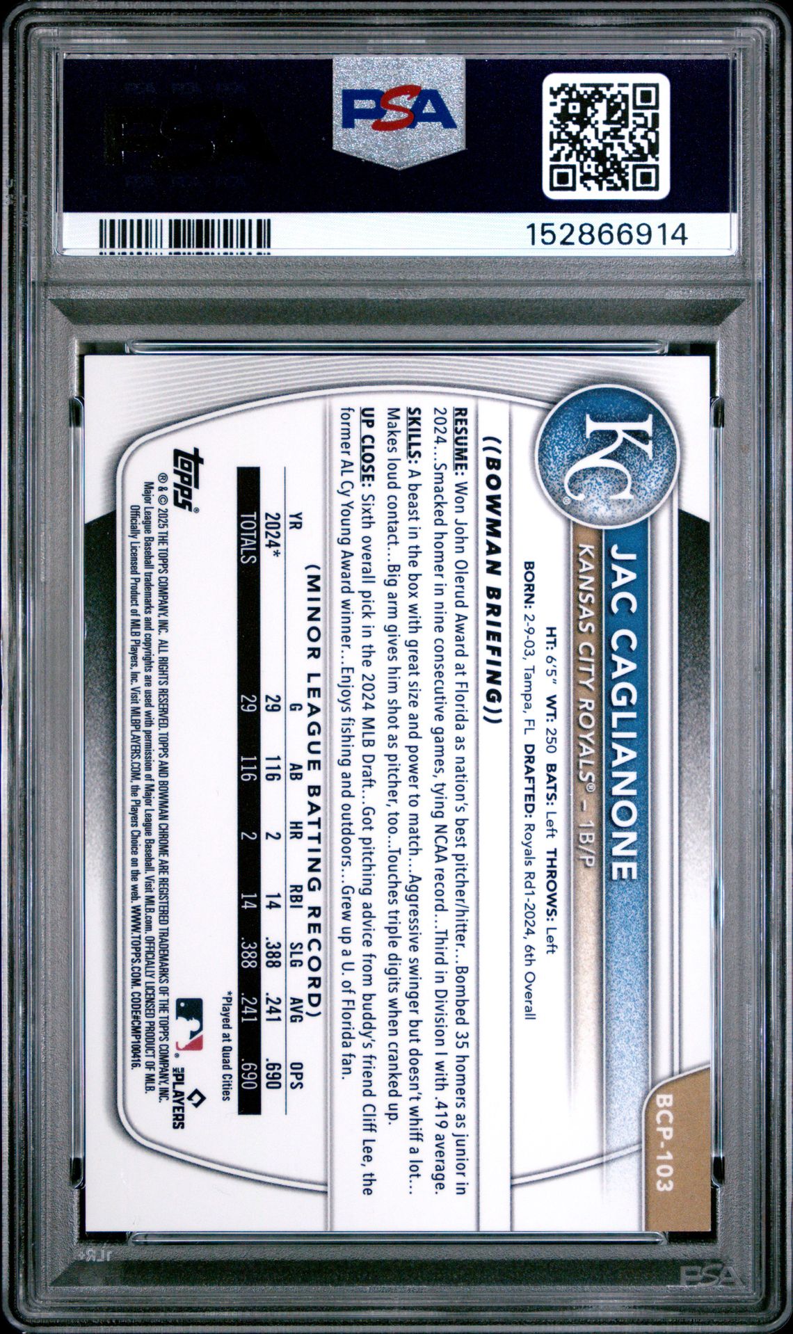 2025 Bowman Sapphire Edition Chrome Prospects Jac Caglianone #Bcp103 (Chrome Prospect-Gold) Gem Mt 10 back