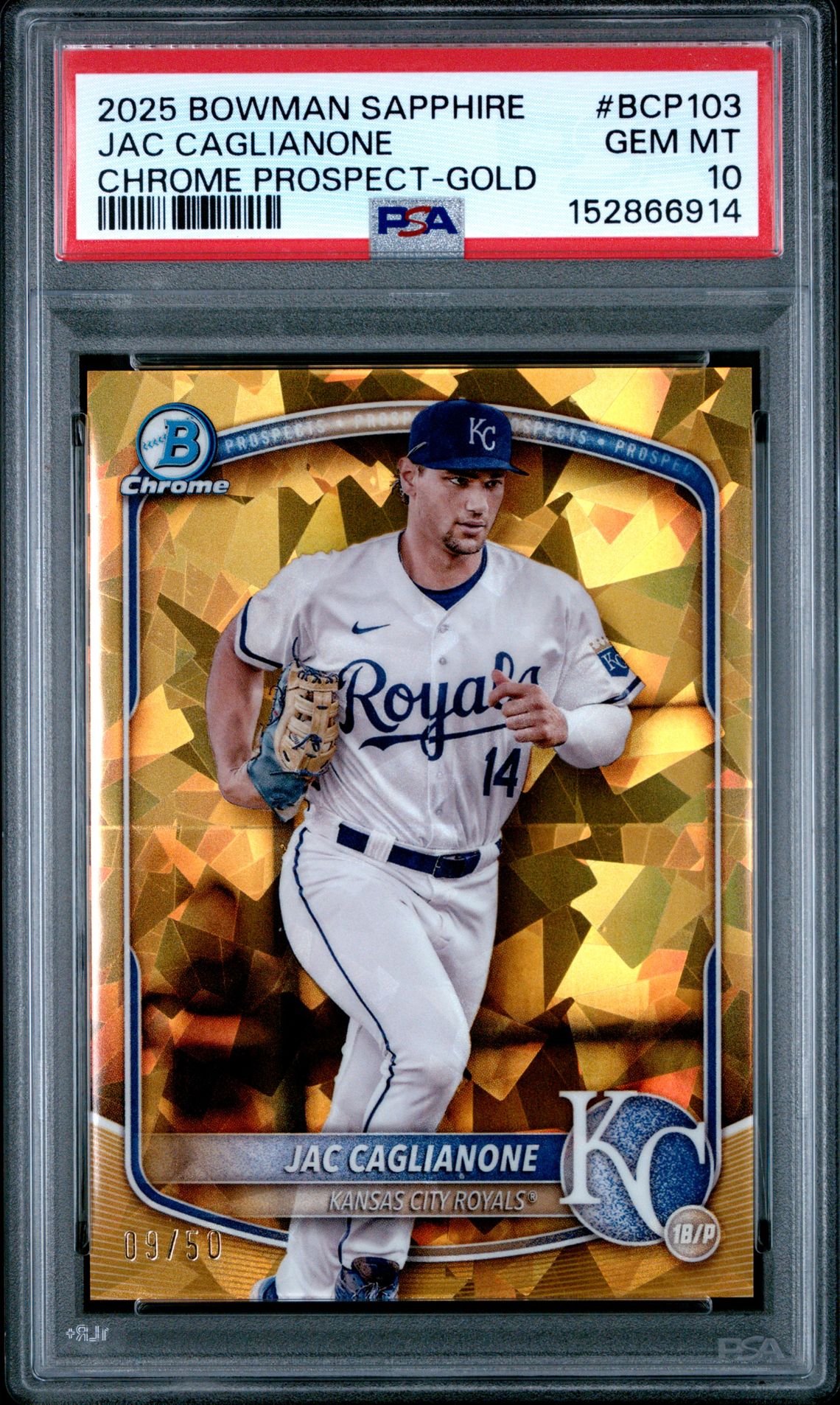 2025 Bowman Sapphire Edition Chrome Prospects Jac Caglianone #Bcp103 (Chrome Prospect-Gold) Gem Mt 10 front