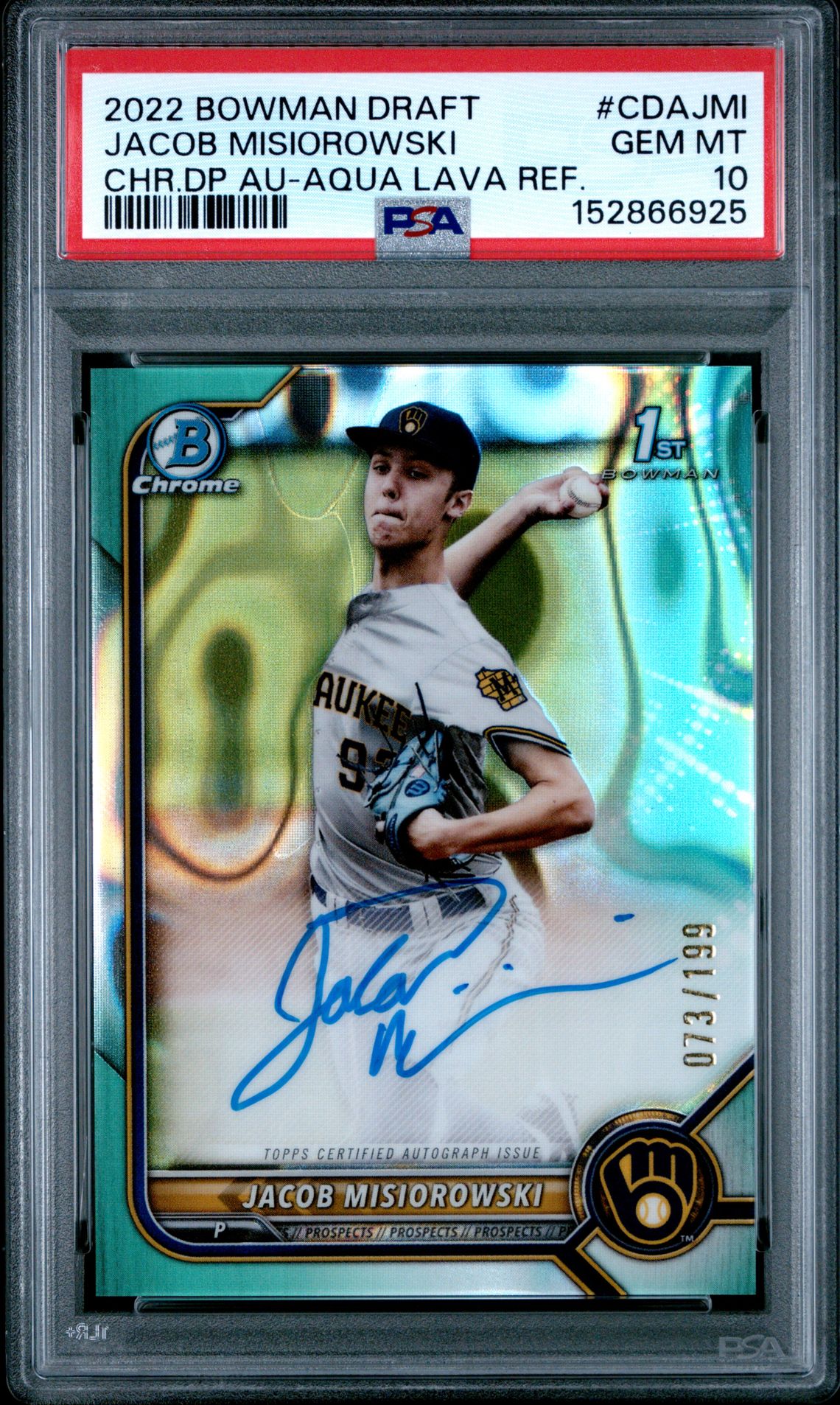 2022 Bowman Draft Chrome Draft Pick Autographs Jacob Misiorowski #Cdajmi (Chr.dp Au-Aqua Lava Ref.) Gem Mt 10 front