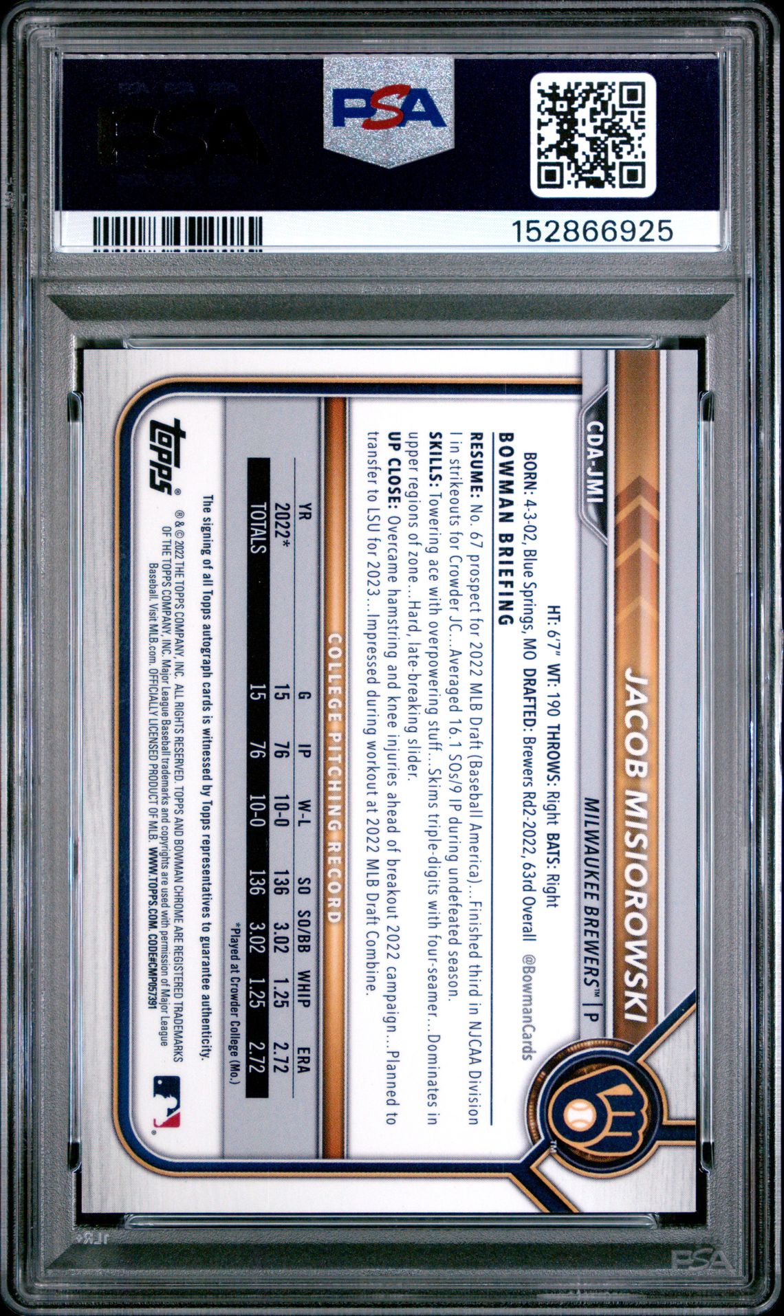 2022 Bowman Draft Chrome Draft Pick Autographs Jacob Misiorowski #Cdajmi (Chr.dp Au-Aqua Lava Ref.) Gem Mt 10 back