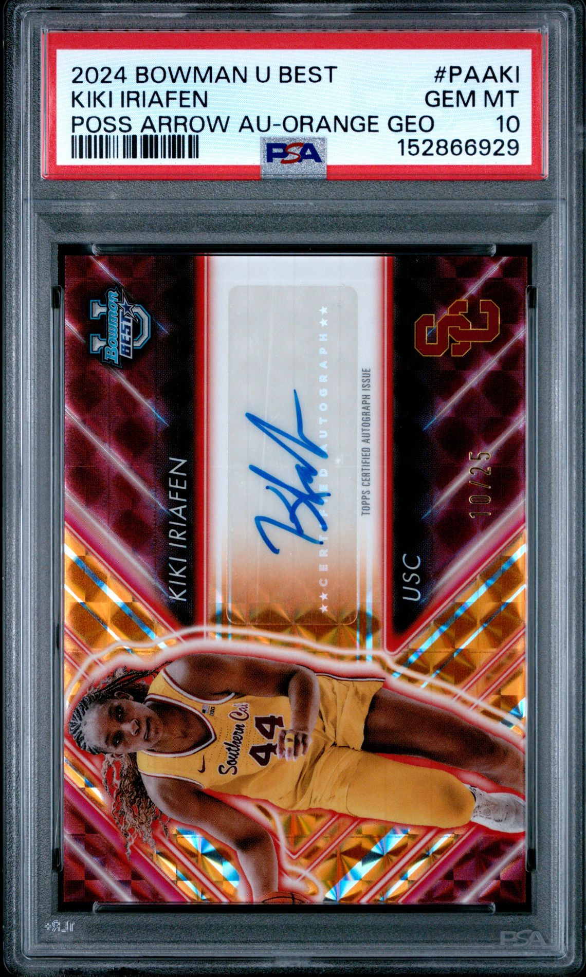 2024 Bowman University Best Possession Arrow Autographs Kiki Iriafen #Paaki (Poss Arrow Au-Orange Geo) Gem Mt 10 front