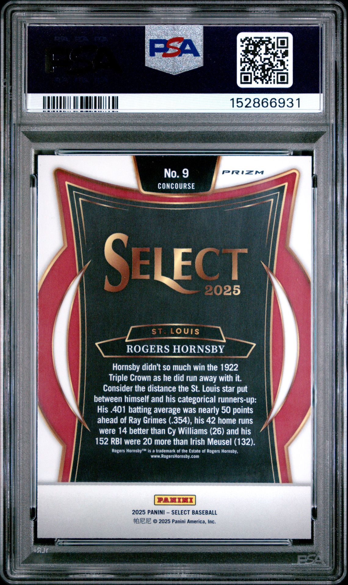 2025 Panini Select Rogers Hornsby #9 (Zebra Prizm) Mint 9 back