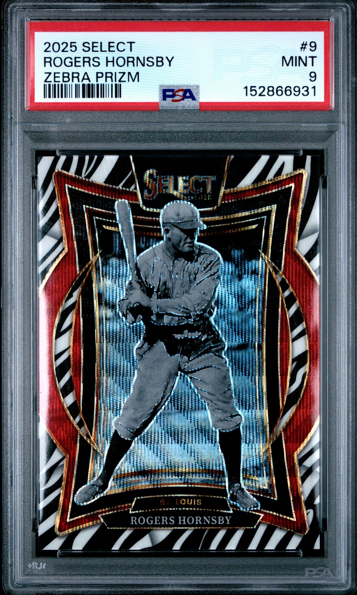 2025 Panini Select Rogers Hornsby #9 (Zebra Prizm) Mint 9 front