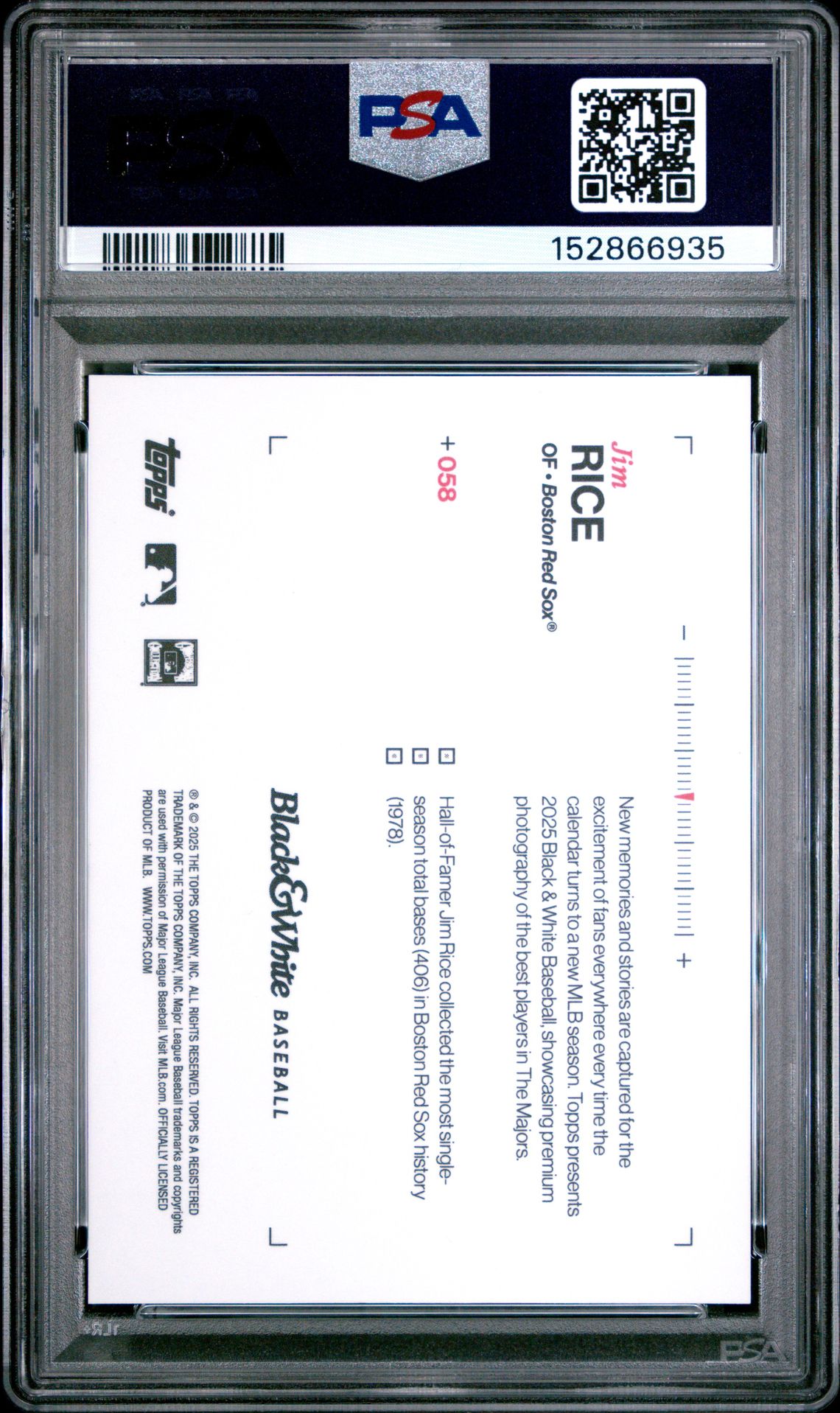 2025 Topps Black And White Jim Rice #58 (Yellow) Gem Mt 10 back