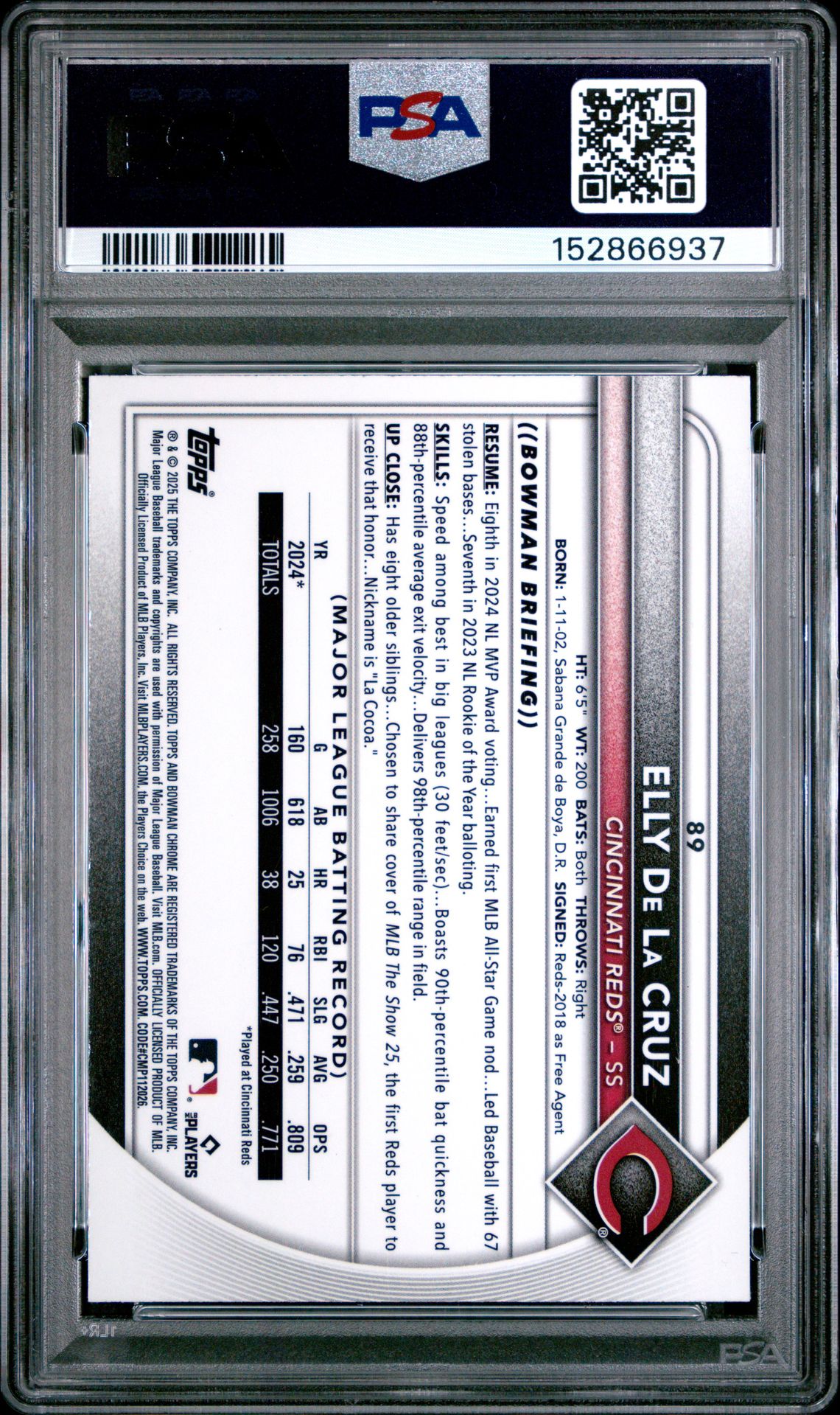 2025 Bowman Chrome Elly De La Cruz #89 (Geometric Refractor) Gem Mt 10 back