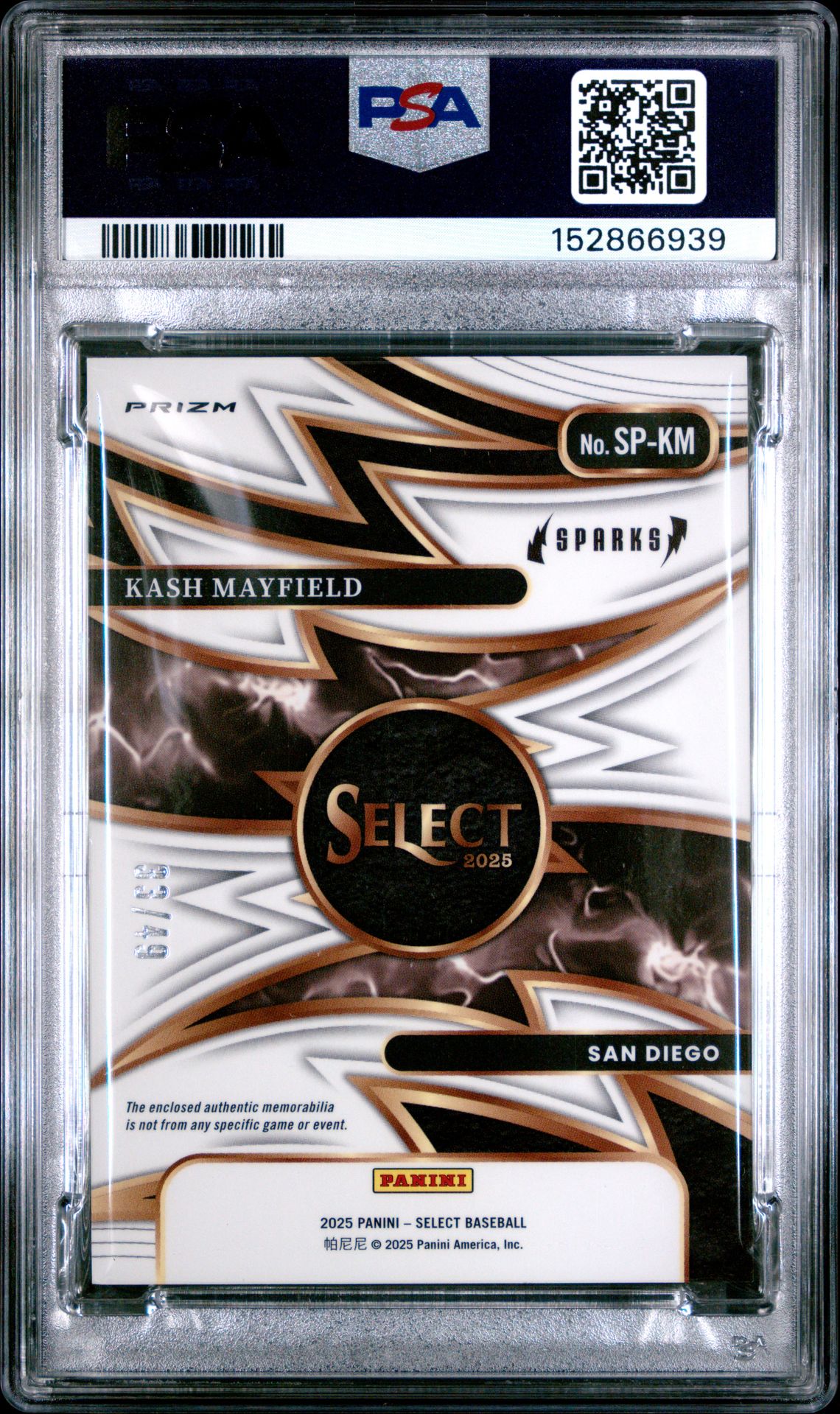 2025 Panini Select Sparks Materials Kash Mayfield #Sp-Km (Sparks Material-Blue Prizm) Mint 9 back