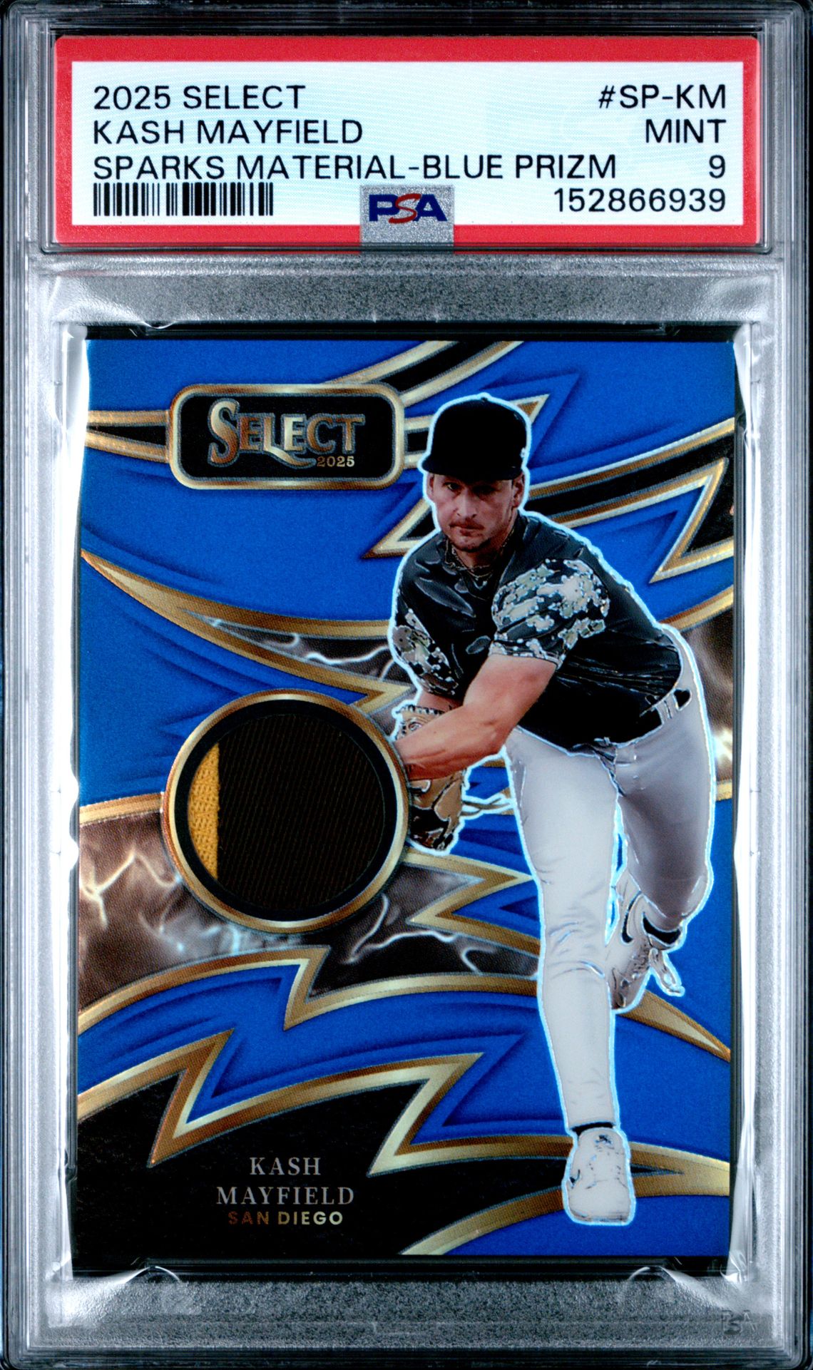 2025 Panini Select Sparks Materials Kash Mayfield #Sp-Km (Sparks Material-Blue Prizm) Mint 9 front