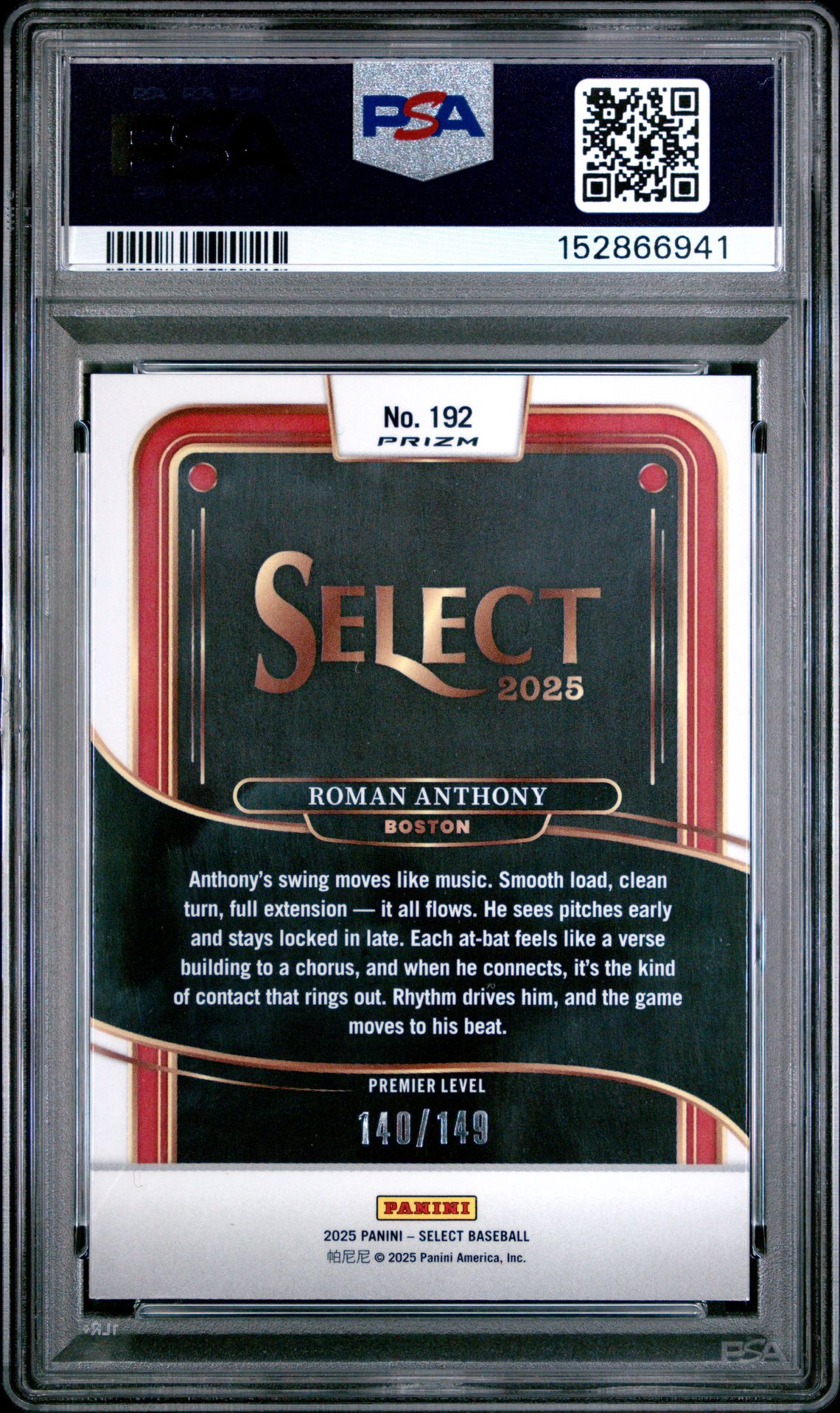 2025 Panini Select Roman Anthony #192 (Red Flash) Gem Mt 10 back