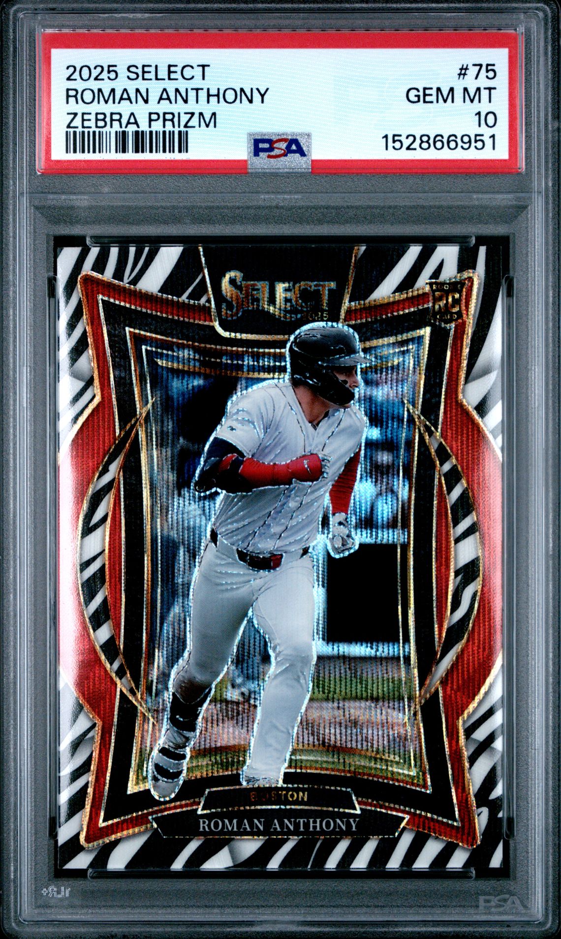 2025 Panini Select Roman Anthony #75 (Zebra Prizm) Gem Mt 10 front