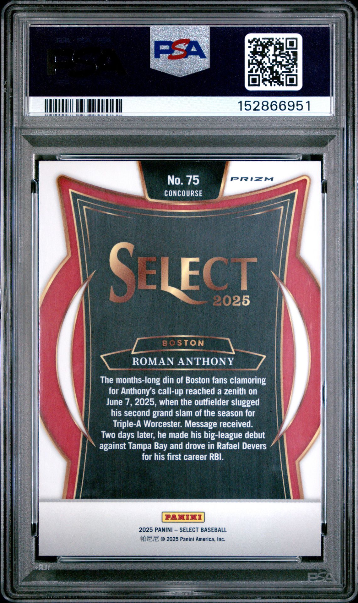 2025 Panini Select Roman Anthony #75 (Zebra Prizm) Gem Mt 10 back