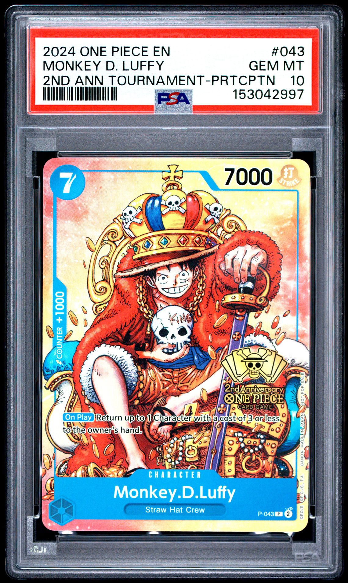 2024 One Piece Promos Monkey D. Luffy #043 (2Nd Ann Tournament-Prtcptn) Gem Mt 10 front