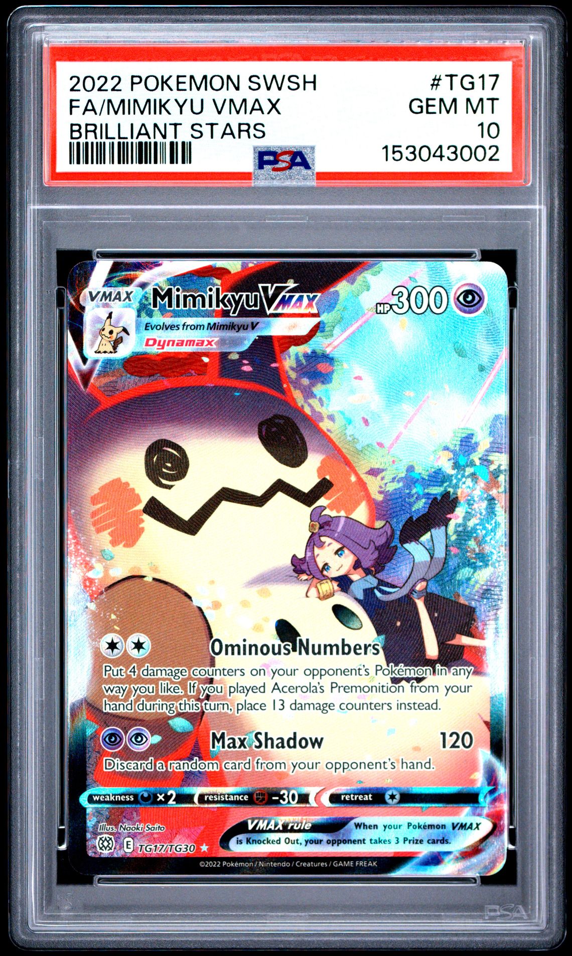 2022 Pokemon Sword & Shield Brilliant Stars Fa/Mimikyu Vmax #Tg17 (Brilliant Stars) Gem Mt 10 front