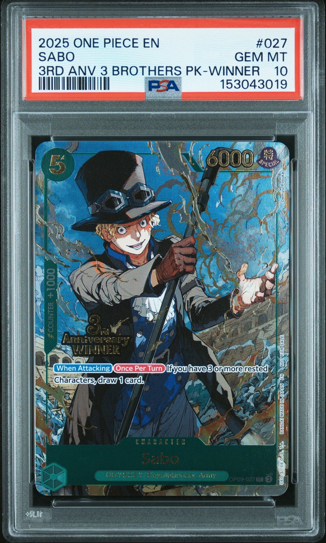 2025 One Piece 3Rd Anniversary Tournament 3 Brothers Pack Sabo #027 (3Rd Anv 3 Brothers Pk-Winner) Gem Mt 10 front