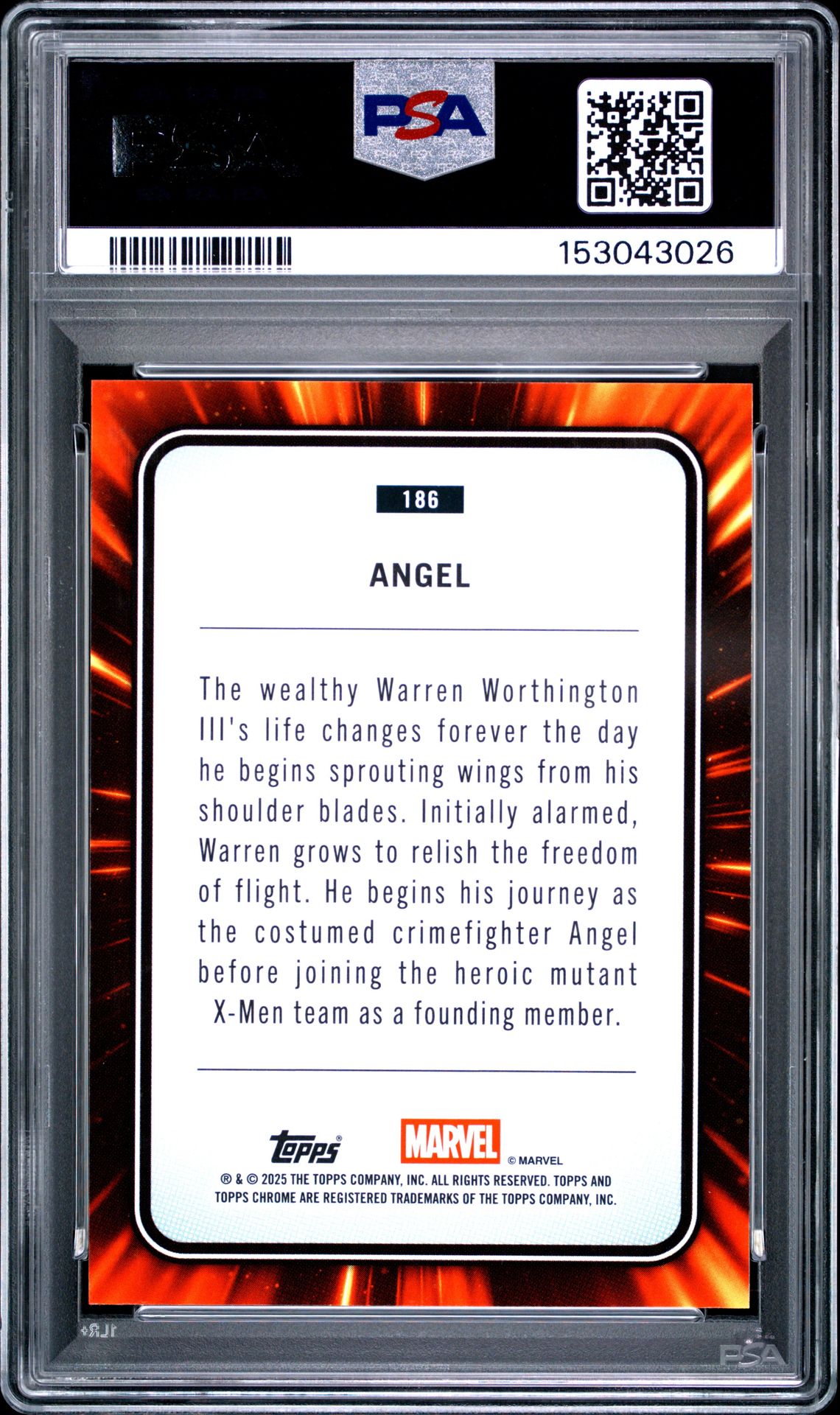 2025 Topps Chrome Marvel Sapphire Edition Angel #186 (Orange) Mint 9 back