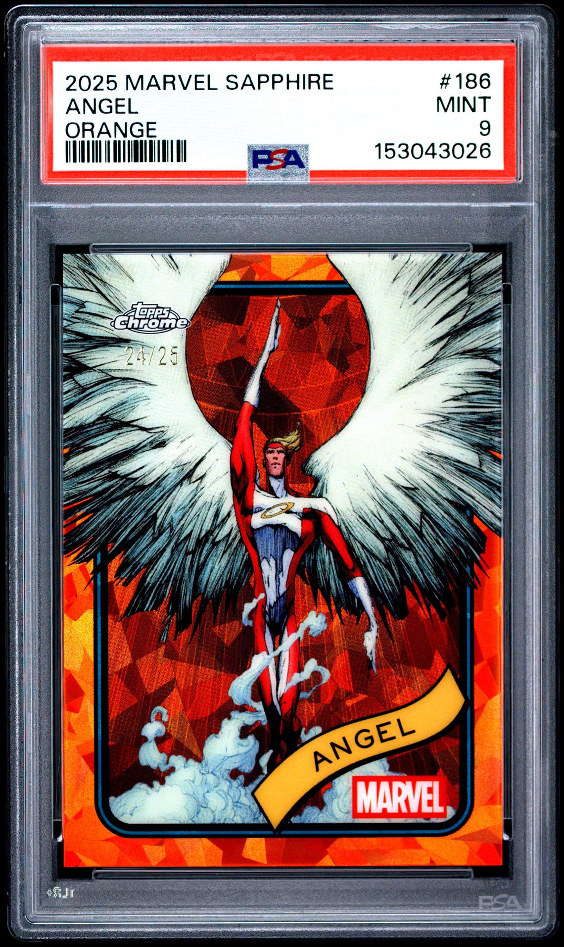 2025 Topps Chrome Marvel Sapphire Edition Angel #186 (Orange) Mint 9 front
