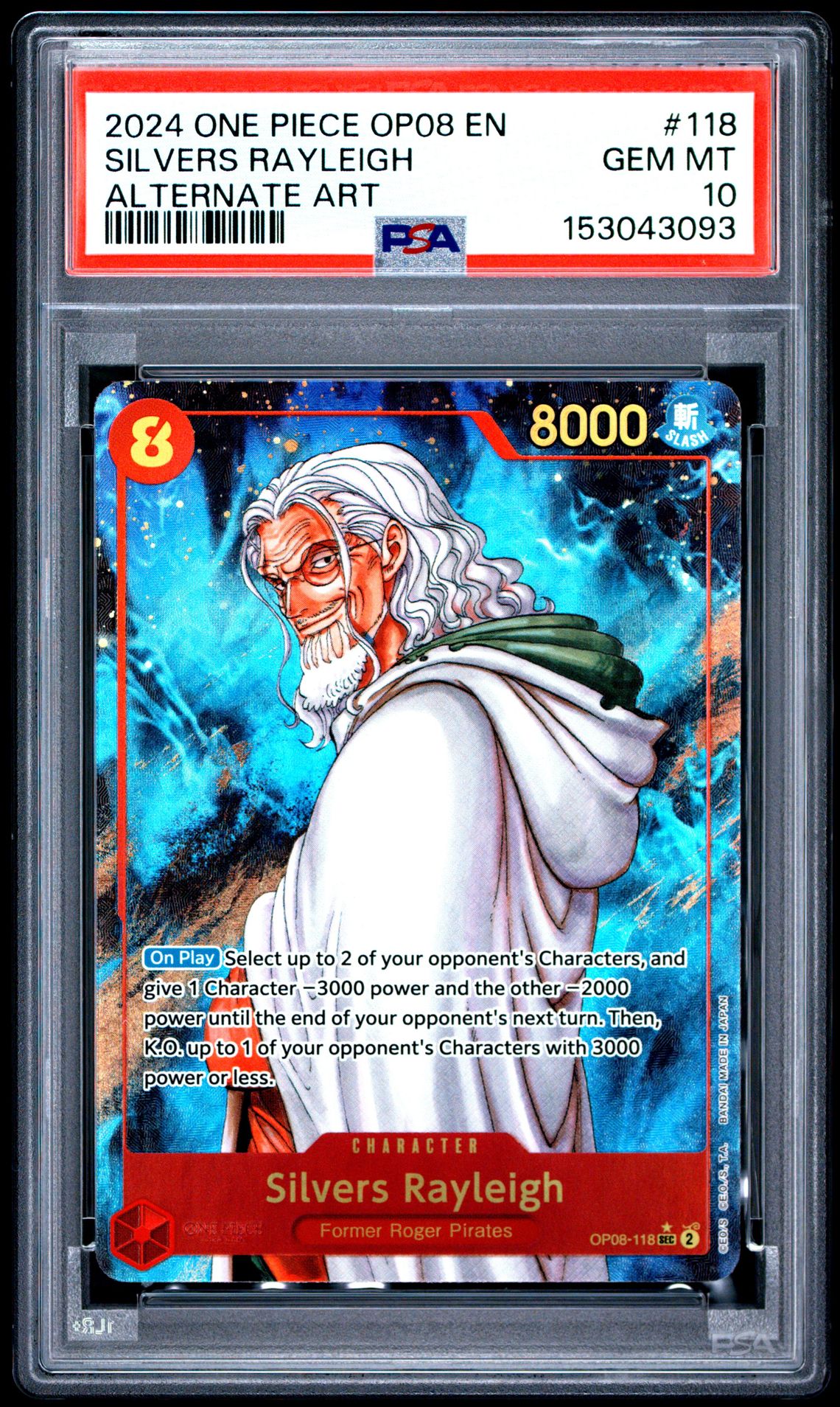 2024 One Piece Op08-Two Legends Silvers Rayleigh #118 (Alternate Art) Gem Mt 10 front