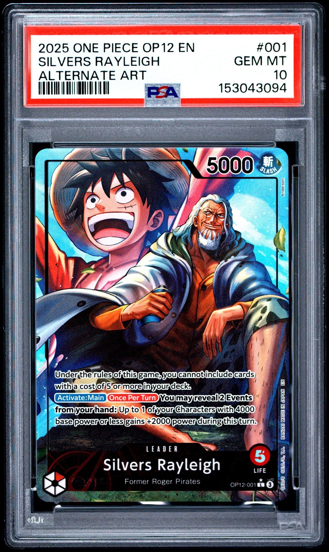2025 One Piece Op12-Legacy Of The Master Silvers Rayleigh #001 (Alternate Art) Gem Mt 10 front