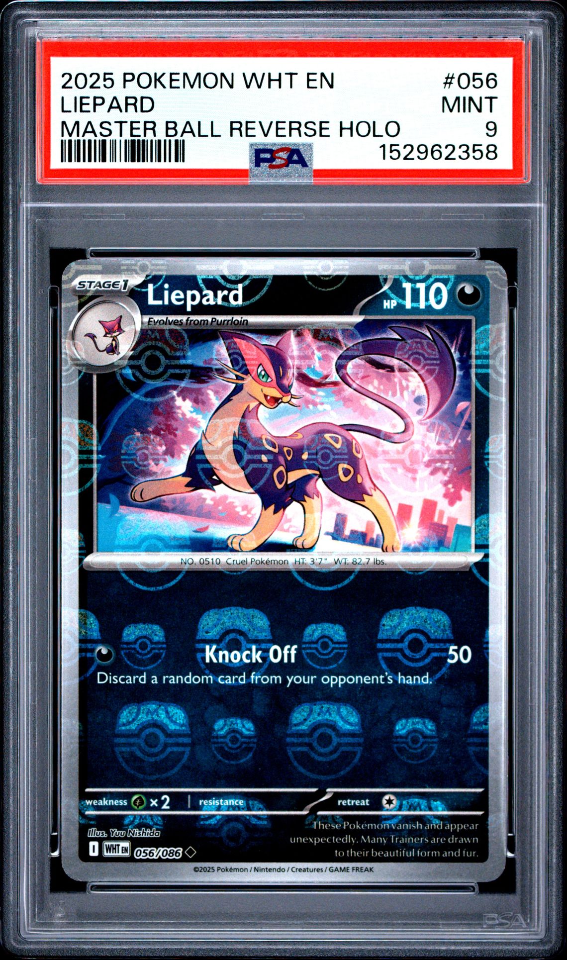 2025 Pokemon Wht En-White Flare Liepard #056 (Master Ball Reverse Holo) Mint 9 front