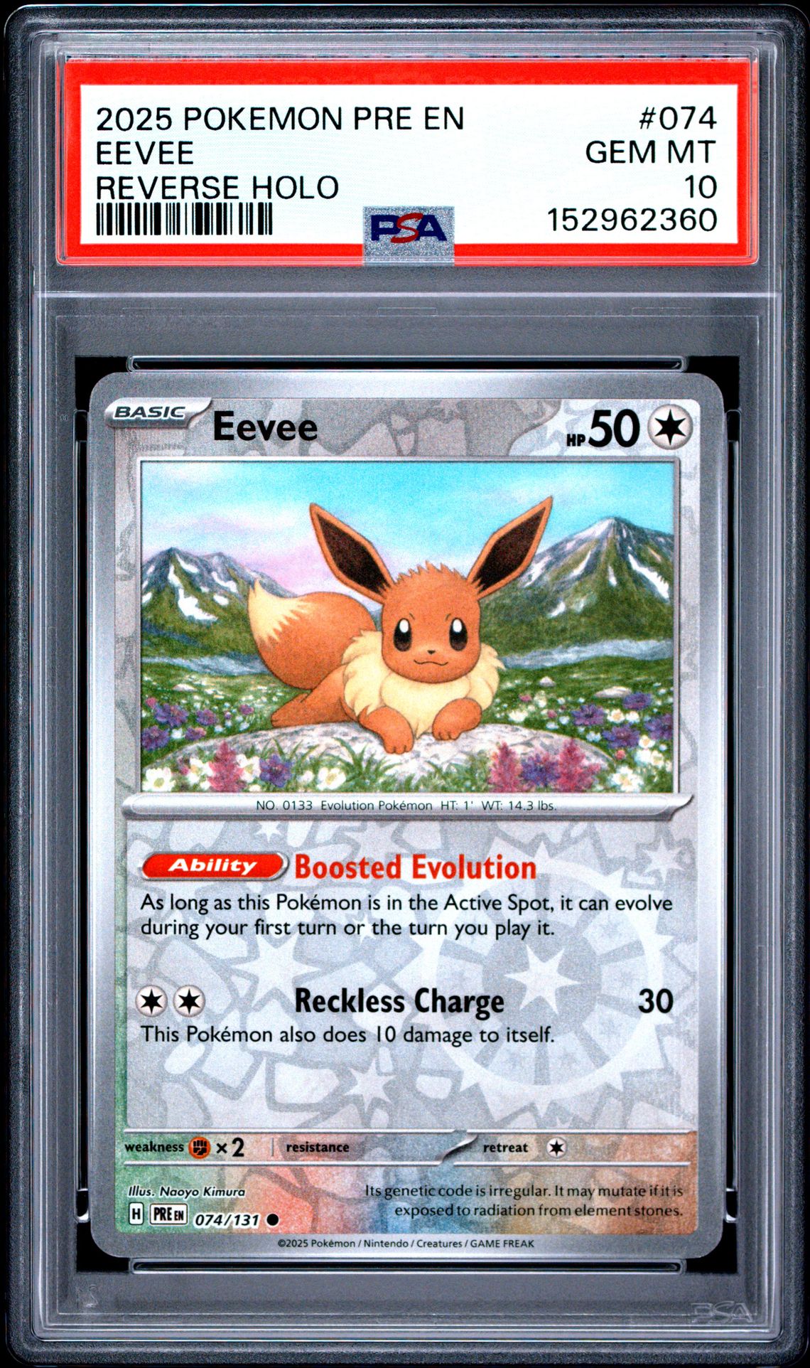 2025 Pokemon Pre En-Prismatic Evolutions Eevee #074 (Reverse Holo) Gem Mt 10 front view - PSA graded GEM MT 10