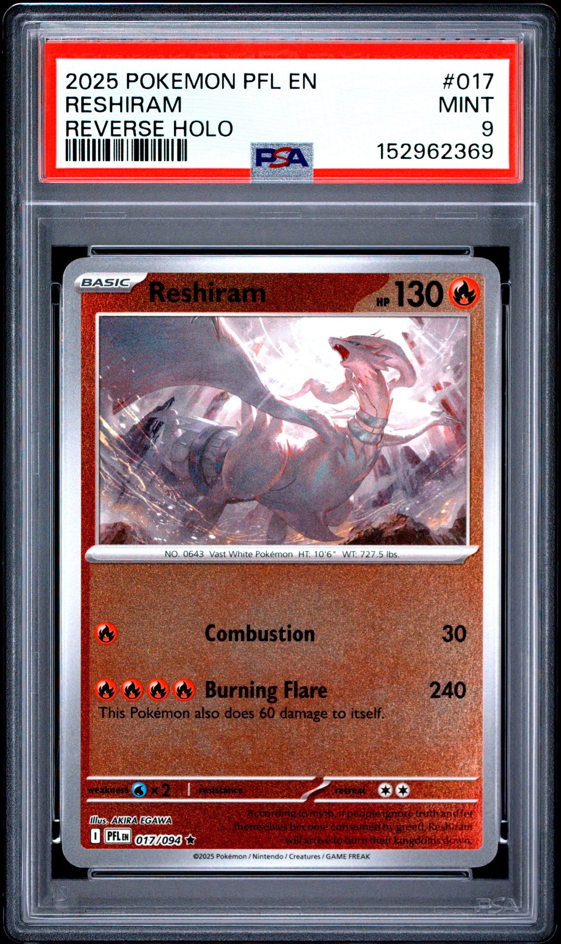 2025 Pokemon Pfl En-Phantasmal Flames Reshiram #017 (Reverse Holo) Mint 9 front