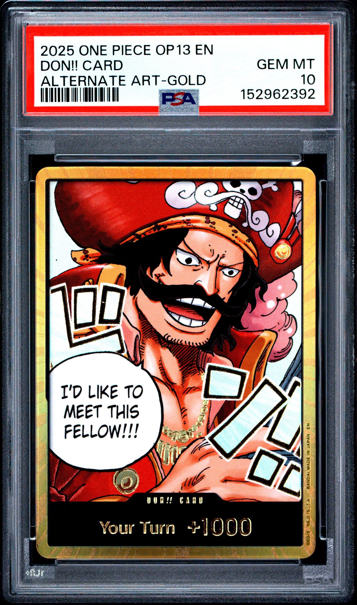 2025 One Piece Op13-Carrying On His Will Don!! Card (Alternate Art-Gold) Gem Mt 10 front view - PSA graded GEM MT 10