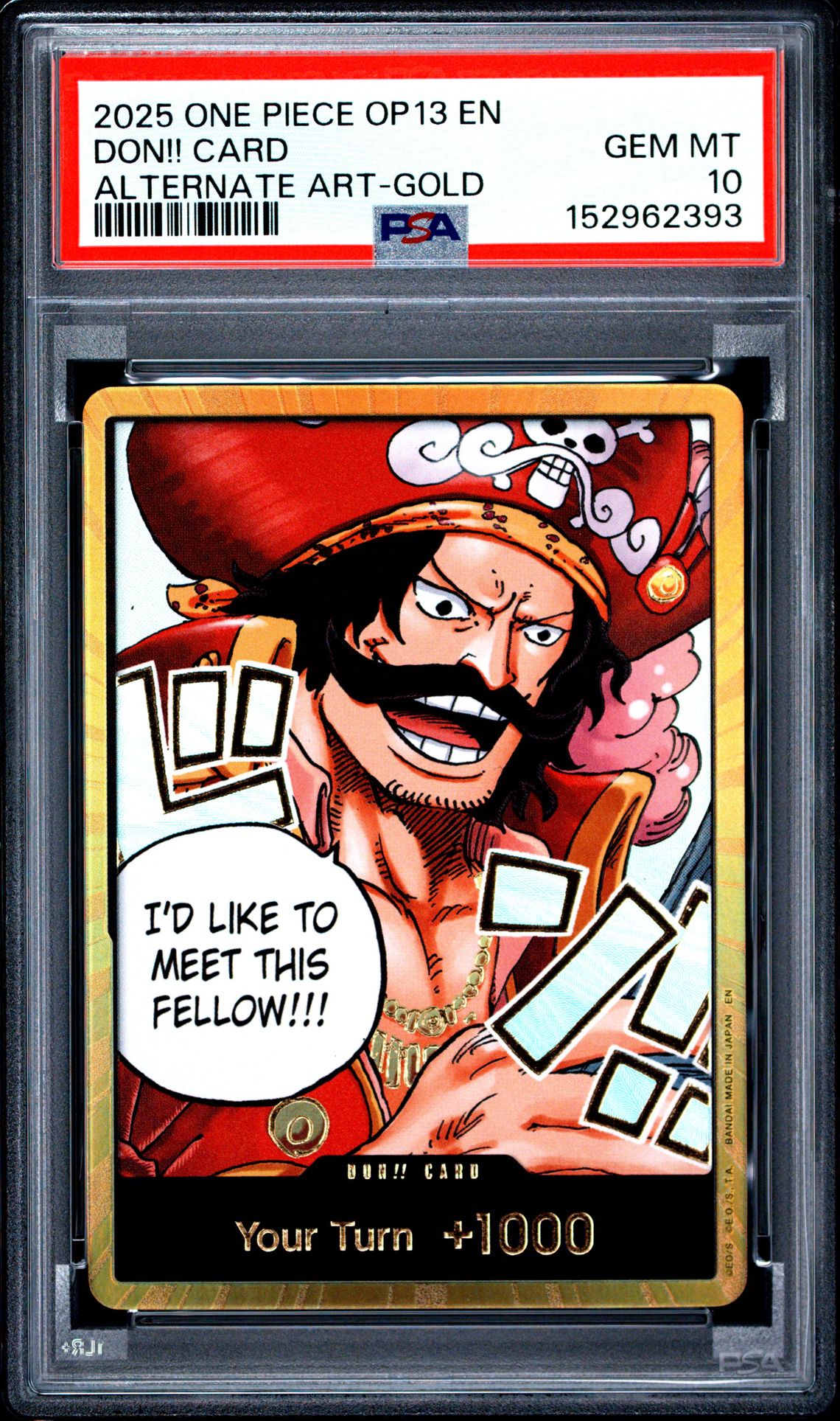 2025 One Piece Op13-Carrying On His Will Don!! Card (Alternate Art-Gold) Gem Mt 10 front view - PSA graded GEM MT 10