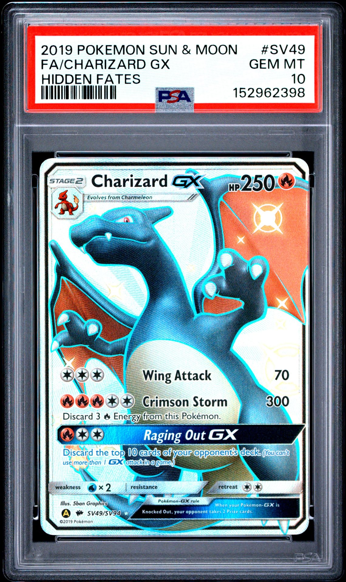 2019 Pokemon Sun & Moon Hidden Fates Fa/Charizard Gx #Sv49 (Hidden Fates) Gem Mt 10 front view - PSA graded GEM MT 10