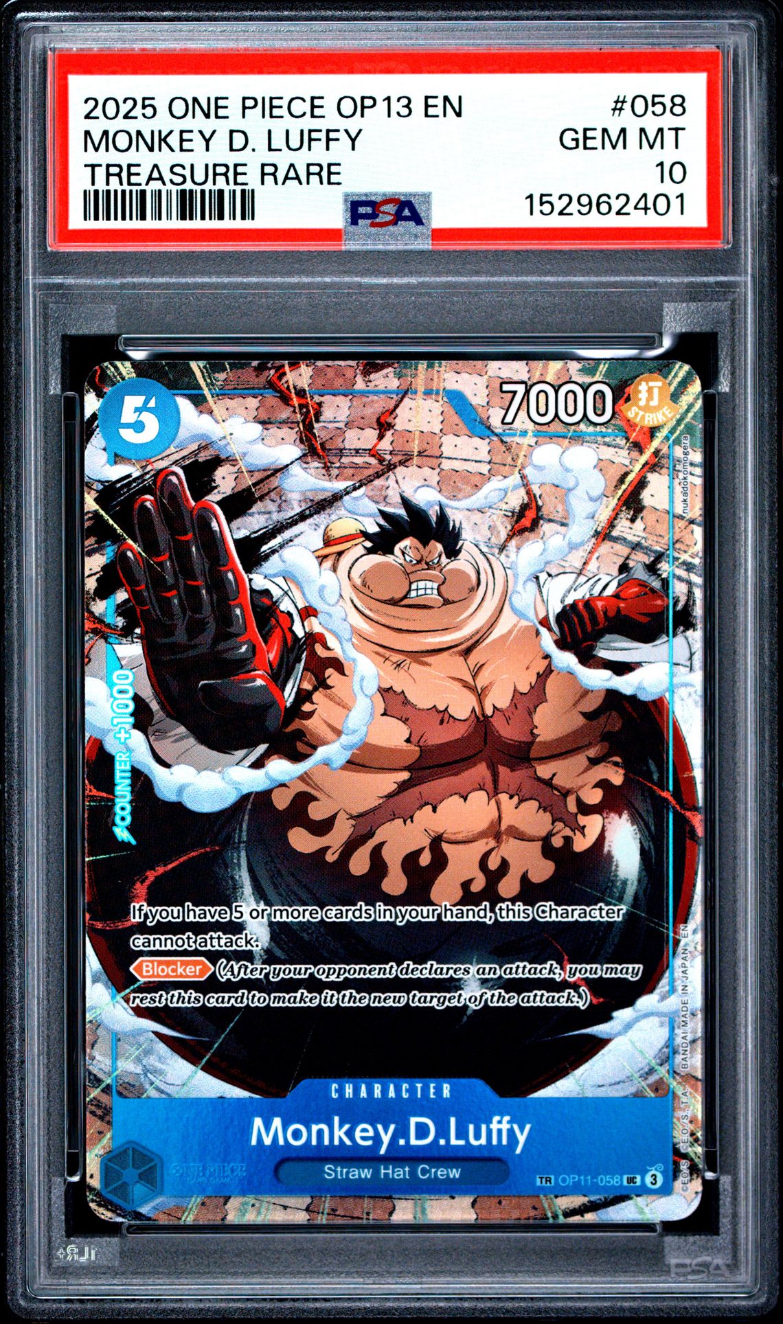 2025 One Piece Op13-Carrying On His Will Monkey D. Luffy #058 (Treasure Rare) Gem Mt 10 front