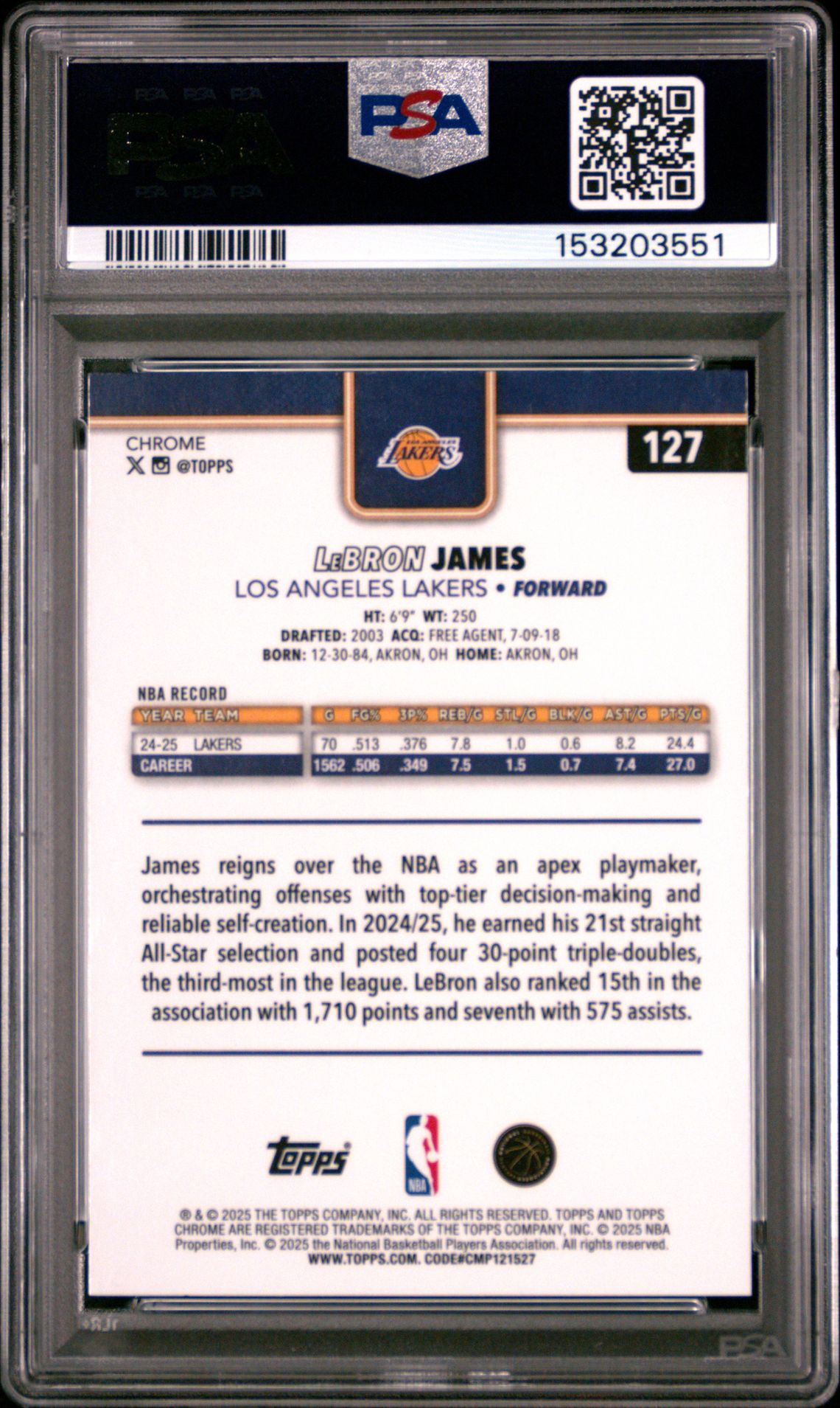 2025 Topps Chrome Lebron James #127 (Pulsar) Mint 9 back