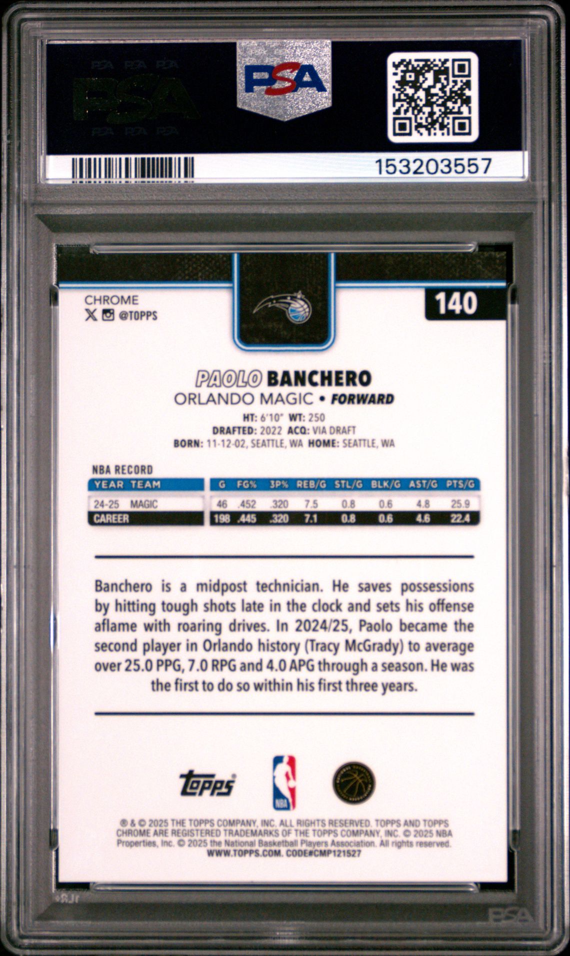 2025 Topps Chrome Paolo Banchero #140 (Gold Raywave) Mint 9 back