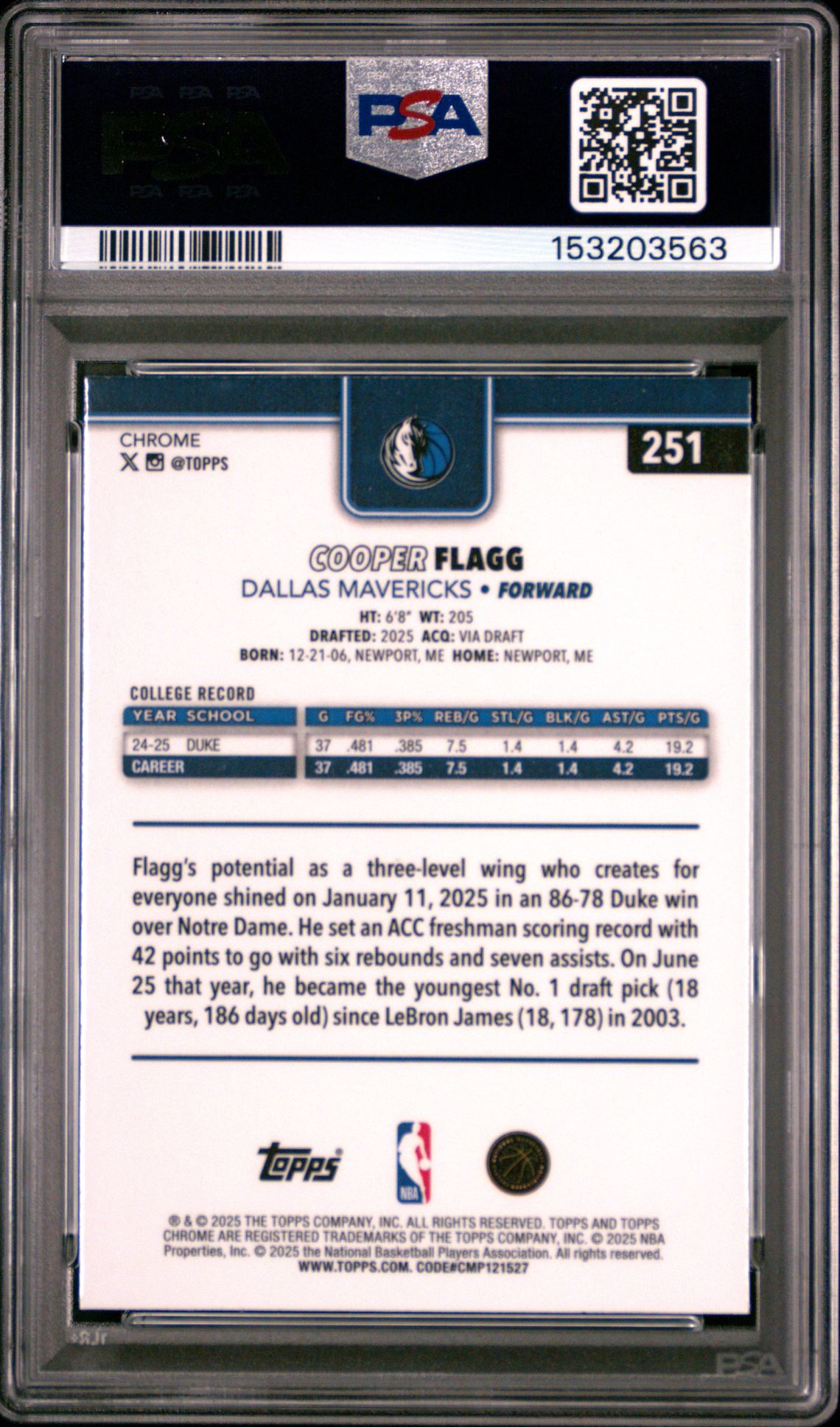 2025 Topps Chrome Cooper Flagg #251 Mint 9 back