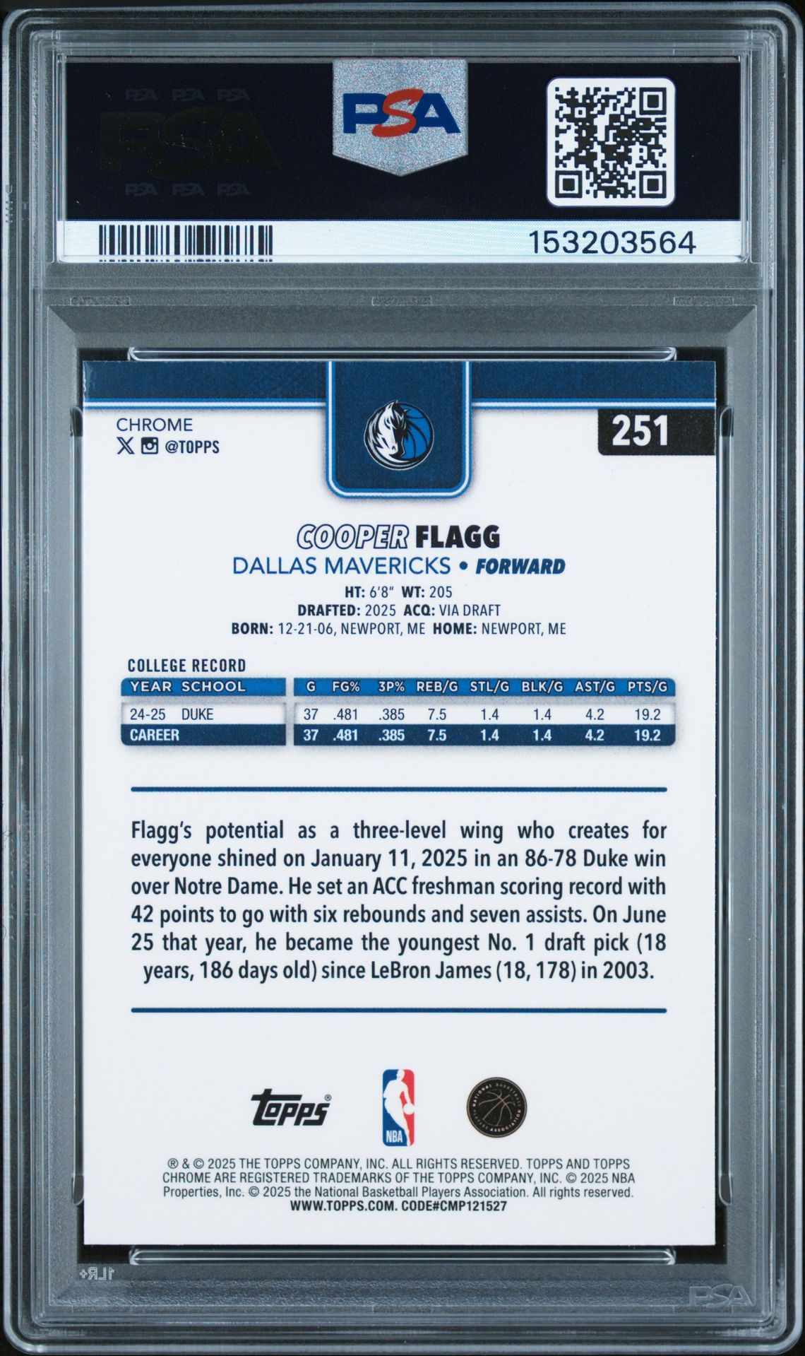 2025 Topps Chrome Cooper Flagg #251 Mint 9 back
