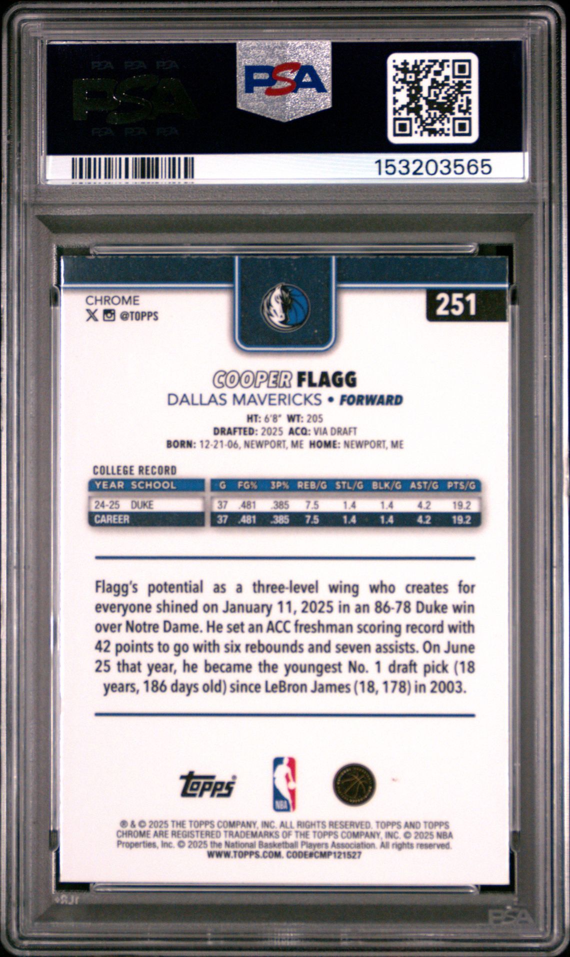 2025 Topps Chrome Cooper Flagg #251 Gem Mt 10 back
