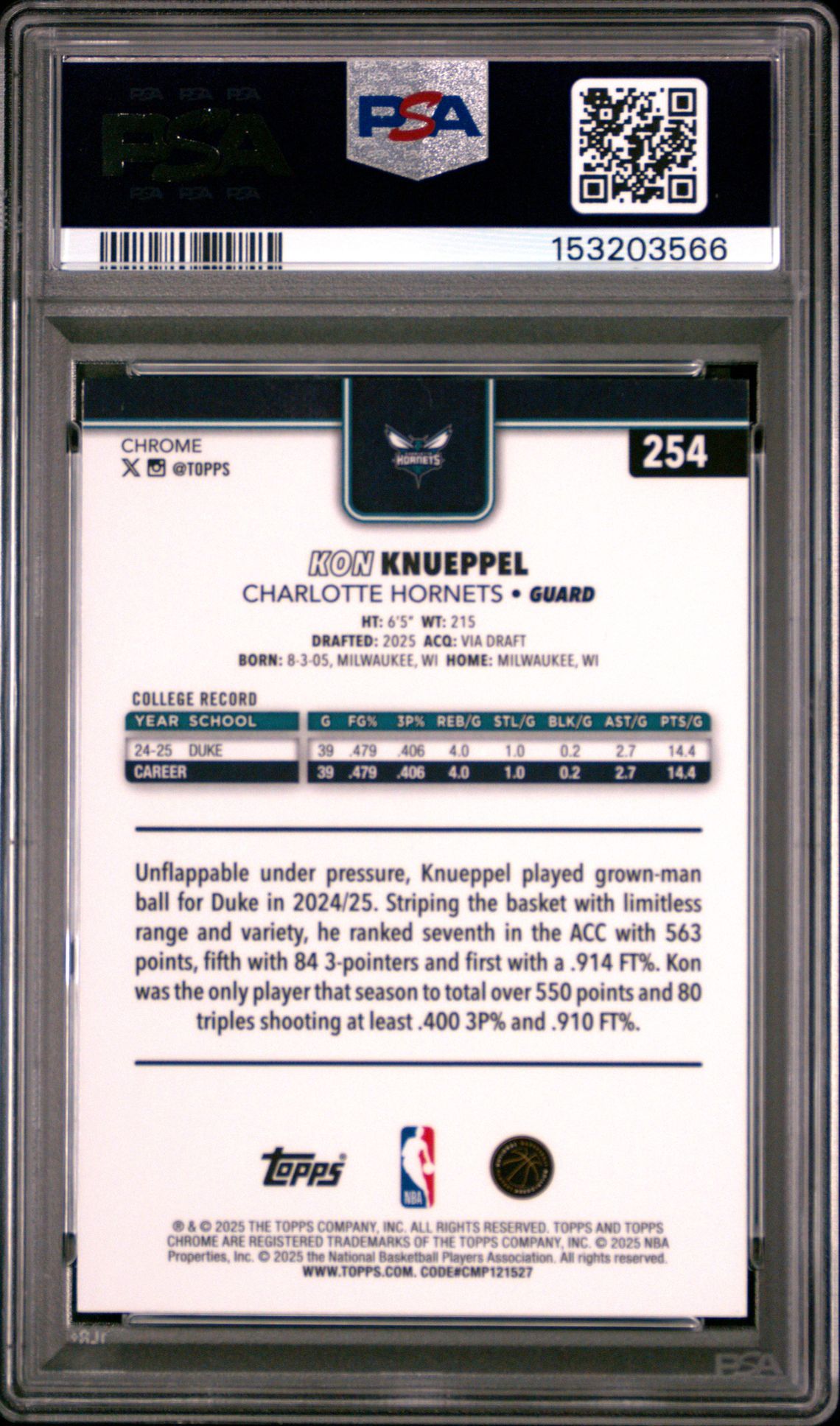 2025 Topps Chrome Kon Knueppel #254 (Red White And Blue Ref) Mint 9 back