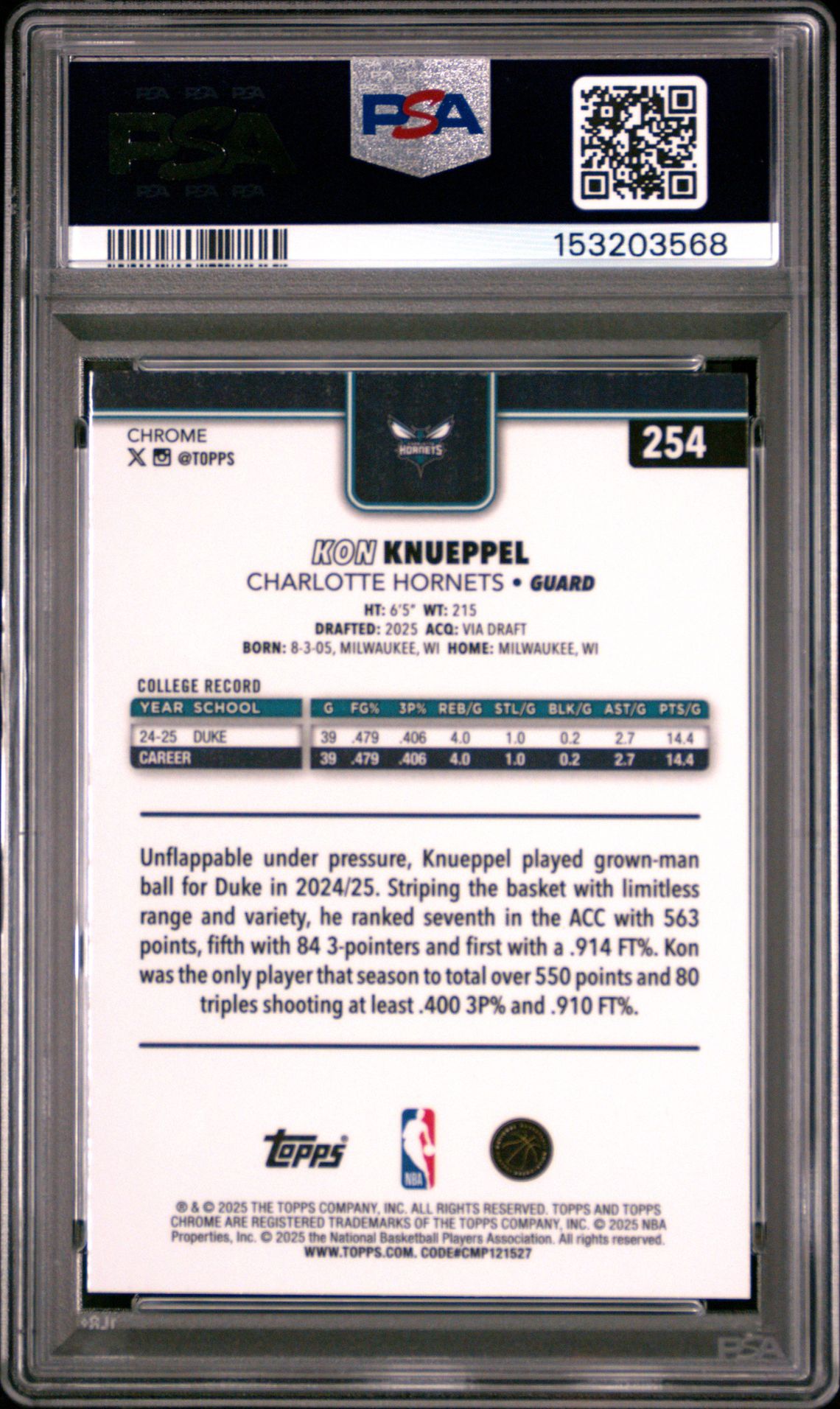 2025 Topps Chrome Kon Knueppel #254 Gem Mt 10 back