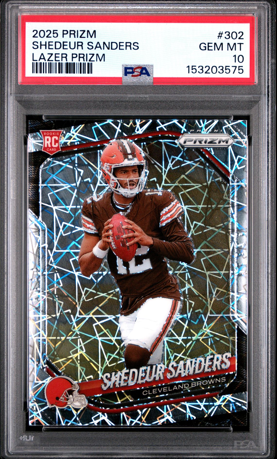 2025 Panini Prizm Shedeur Sanders #302 (Lazer Prizm) Gem Mt 10 front view - PSA graded GEM MT 10