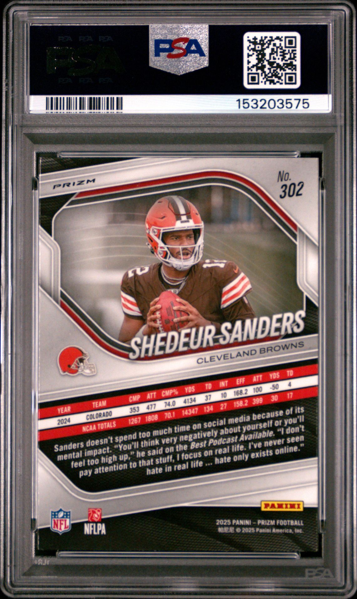 2025 Panini Prizm Shedeur Sanders #302 (Lazer Prizm) Gem Mt 10 back view - PSA certificate #153203575