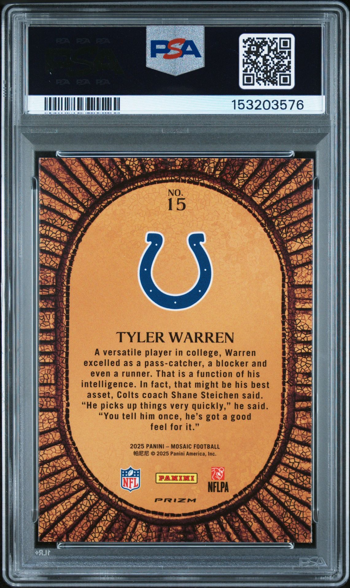 2025 Panini Mosaic Micro Mosaic Tyler Warren #15 Gem Mt 10 back view - PSA certificate #153203576
