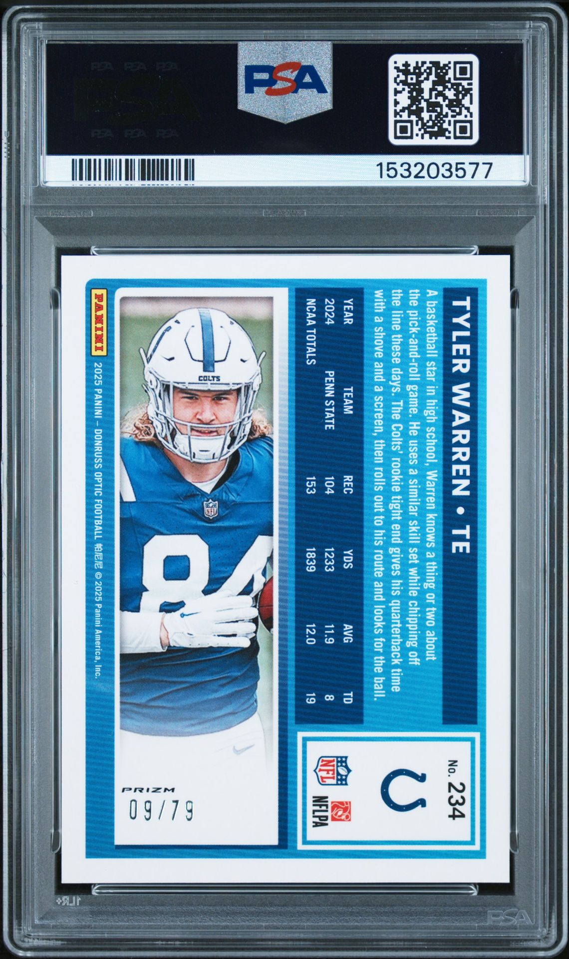 2025 Panini Donruss Optic Tyler Warren #234 (Orange Scope) Mint 9 back