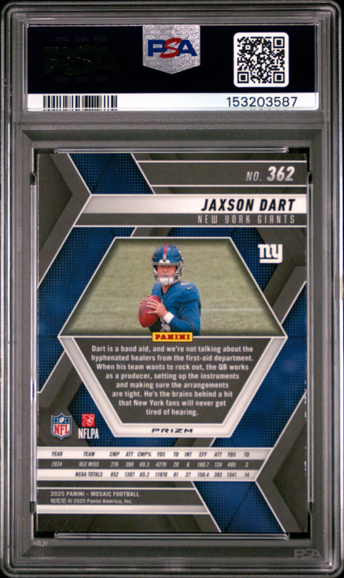 2025 Panini Mosaic Jaxson Dart #362 (Green) Gem Mt 10 back