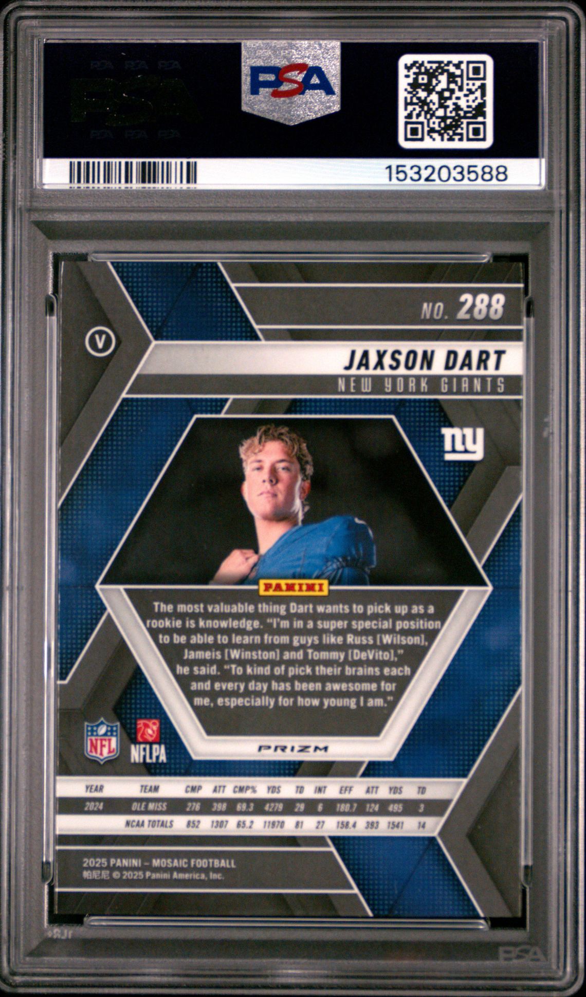 2025 Panini Mosaic Jaxson Dart #288 (Green) Gem Mt 10 back