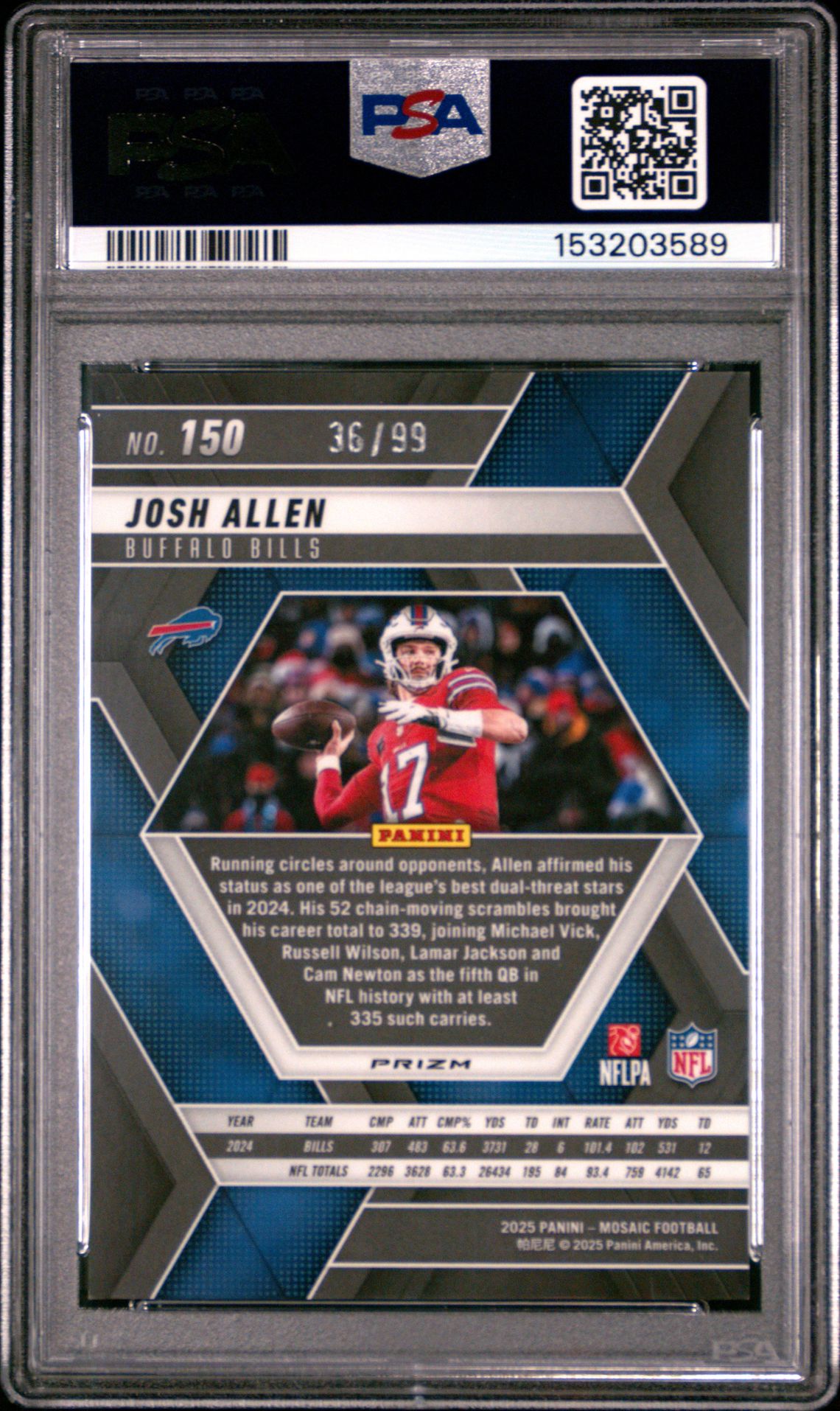 2025 Panini Mosaic Josh Allen #150 (Blue No Huddle) Mint 9 back