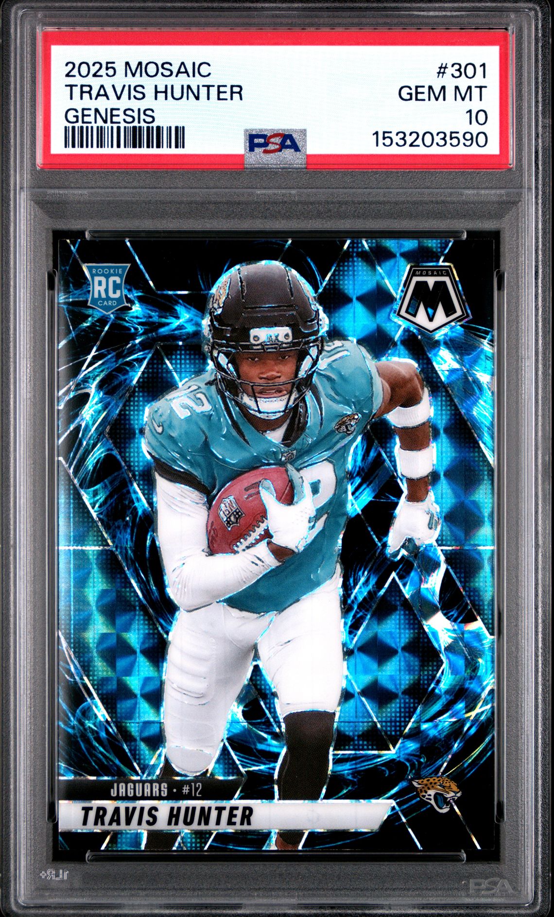 2025 Panini Mosaic Travis Hunter #301 (Genesis) Gem Mt 10 front view - PSA graded GEM MT 10