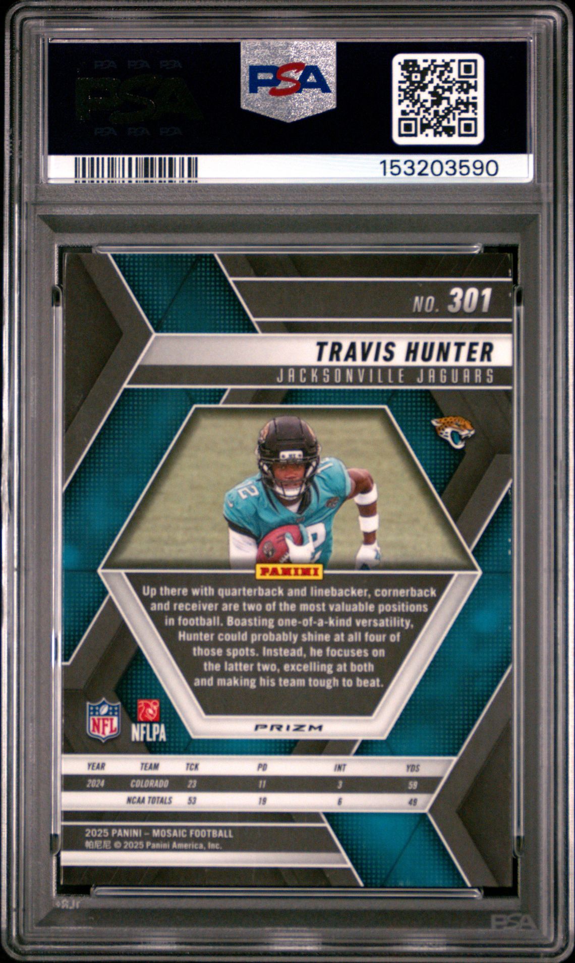 2025 Panini Mosaic Travis Hunter #301 (Genesis) Gem Mt 10 back view - PSA certificate #153203590