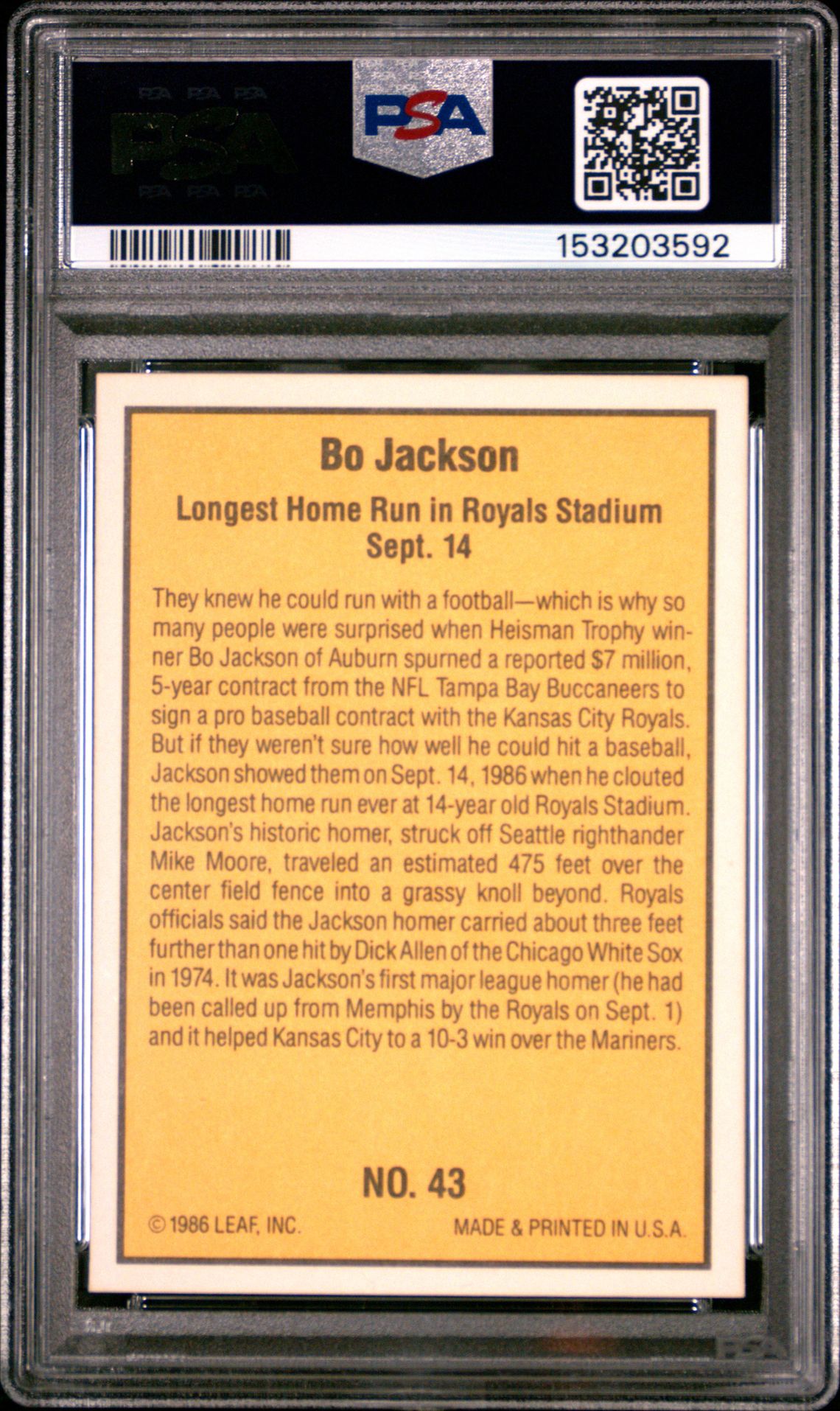 1986 Donruss Highlights Bo Jackson #43 Mint 9 back
