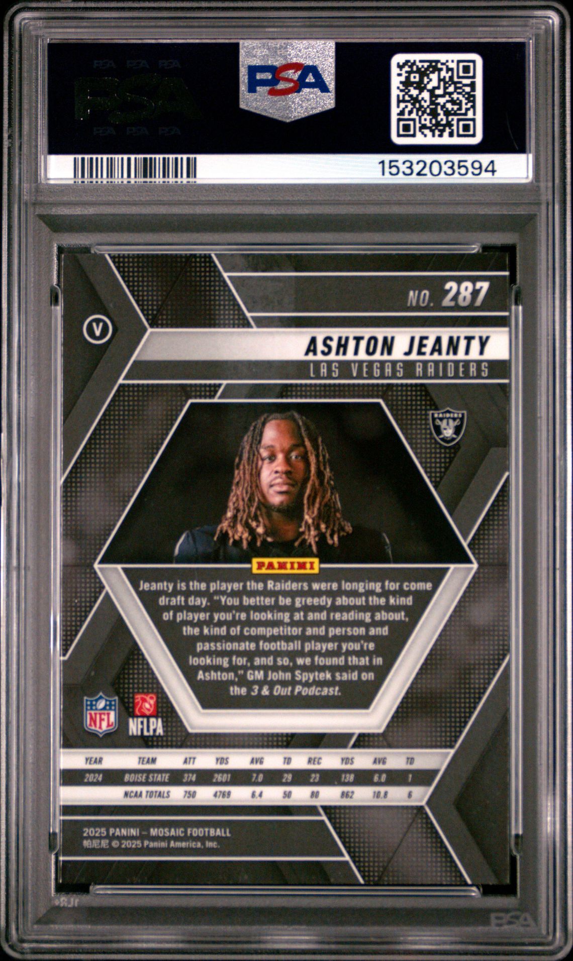 2025 Panini Mosaic Ashton Jeanty #287 Gem Mt 10 back