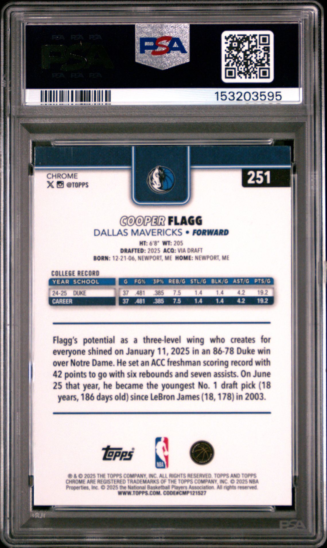 2025 Topps Chrome Cooper Flagg #251 Mint 9 back